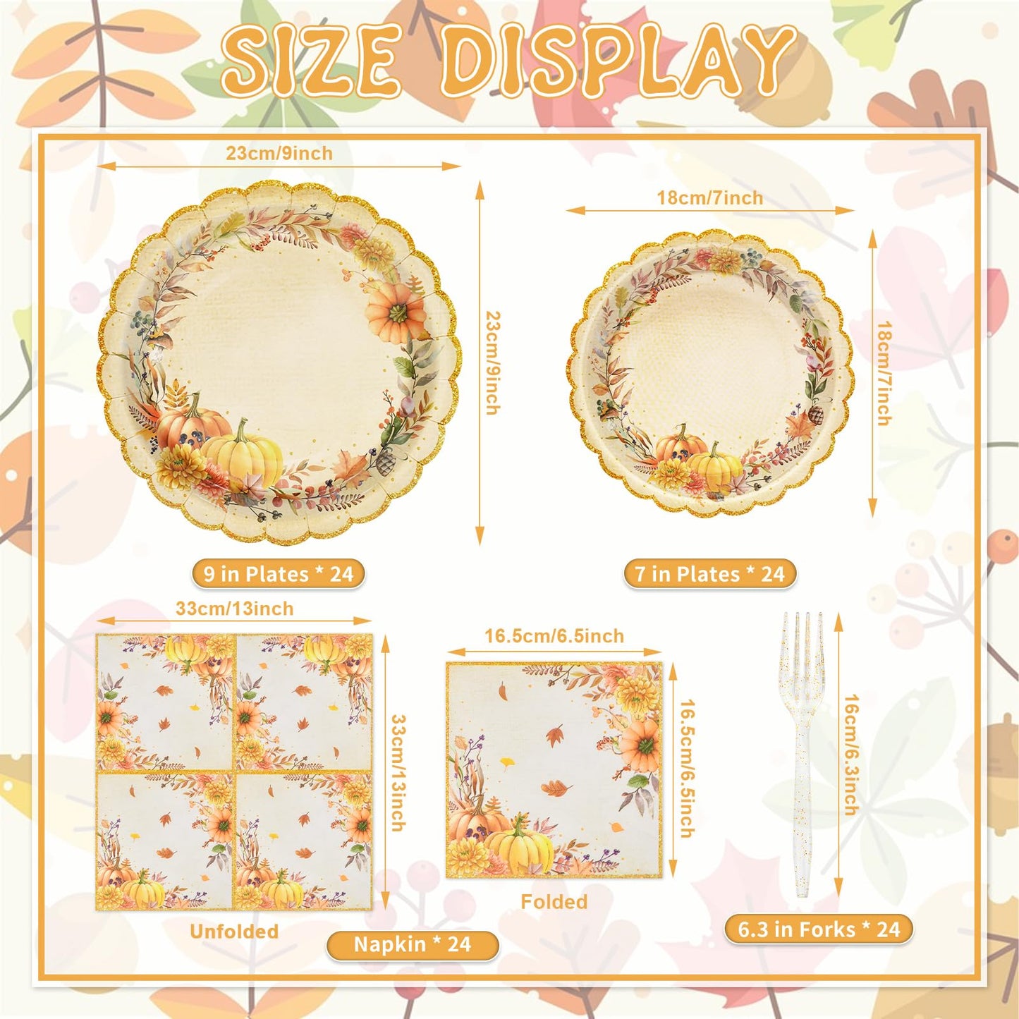 96 Pieces Fall Pumpkin Tableware Set Party Supplies - Scalloped Edge Disposable Paper Plates, Napkins, and Forks, Autumn Floral Design