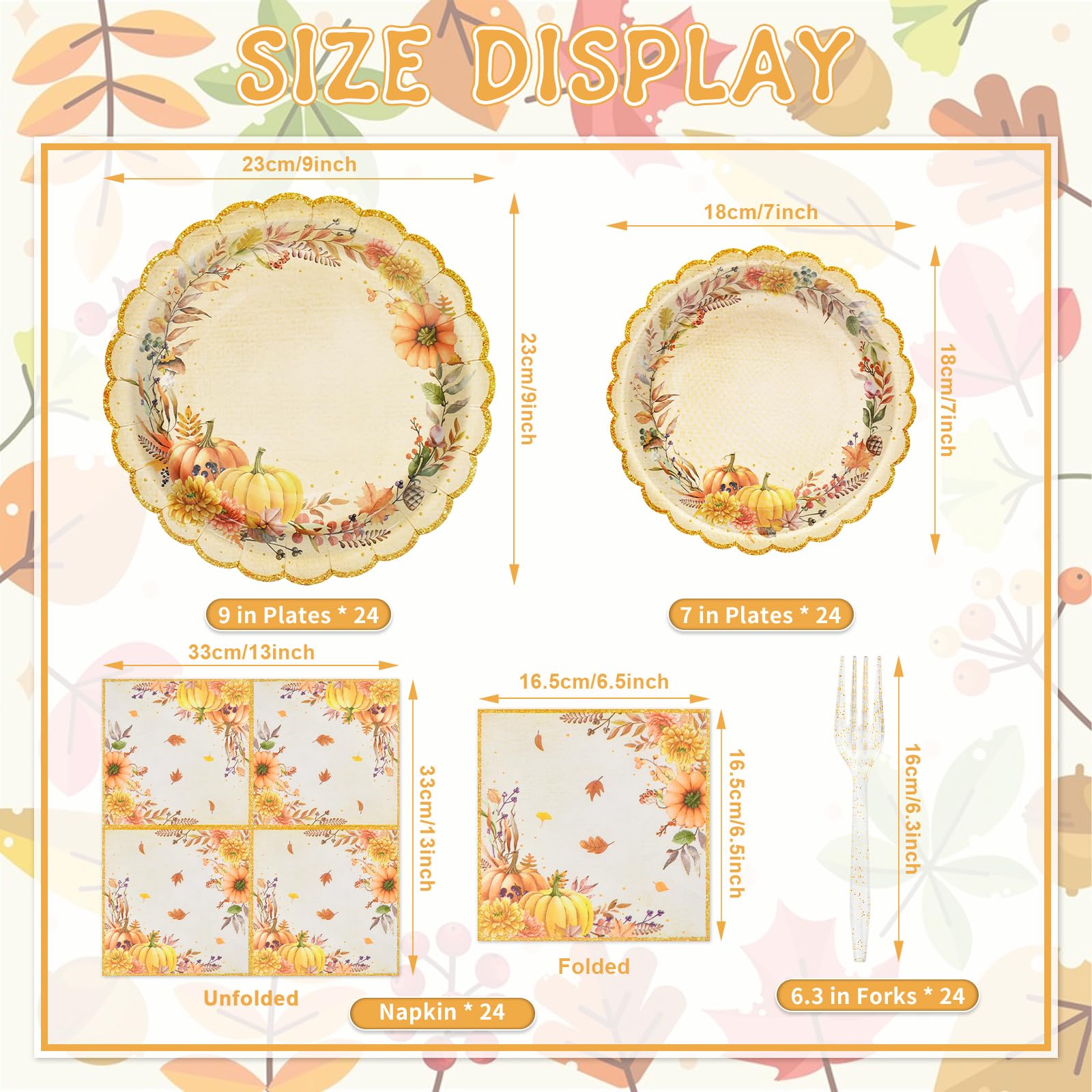 96 Pieces Fall Pumpkin Tableware Set Party Supplies - Scalloped Edge Disposable Paper Plates, Napkins, and Forks, Autumn Floral Design
