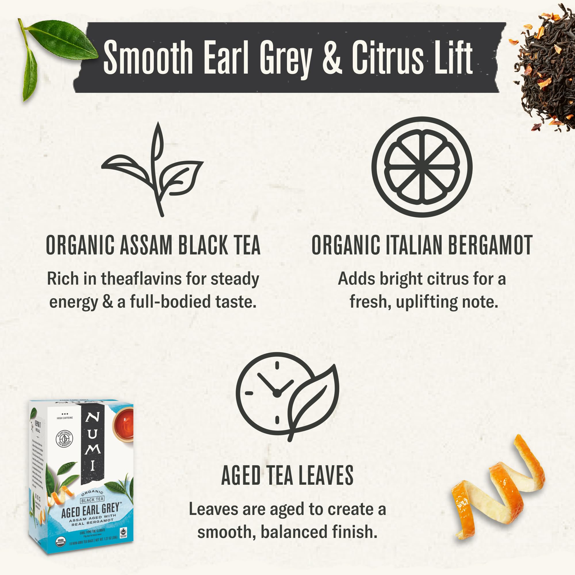 Numi Organic Aged Earl Grey Tea | 54 Black Tea Bags | Assam Black Tea with Real Bergamot | Caffeinated