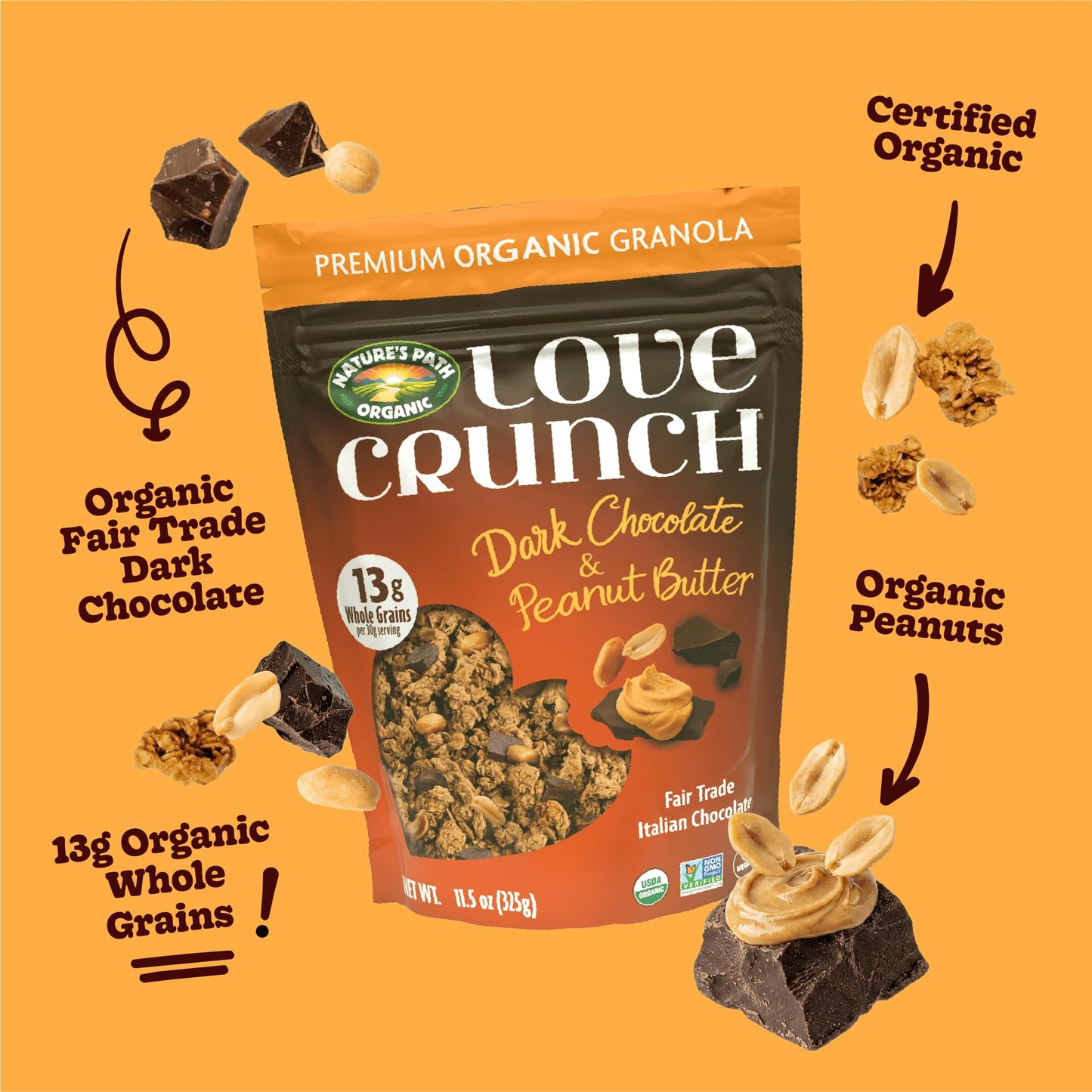 Love Crunch Organic Dark Chocolate & Peanut Butter Granola, 11.5 oz (Pack of 1), Non-GMO, Fair Trade, by Nature's Path
