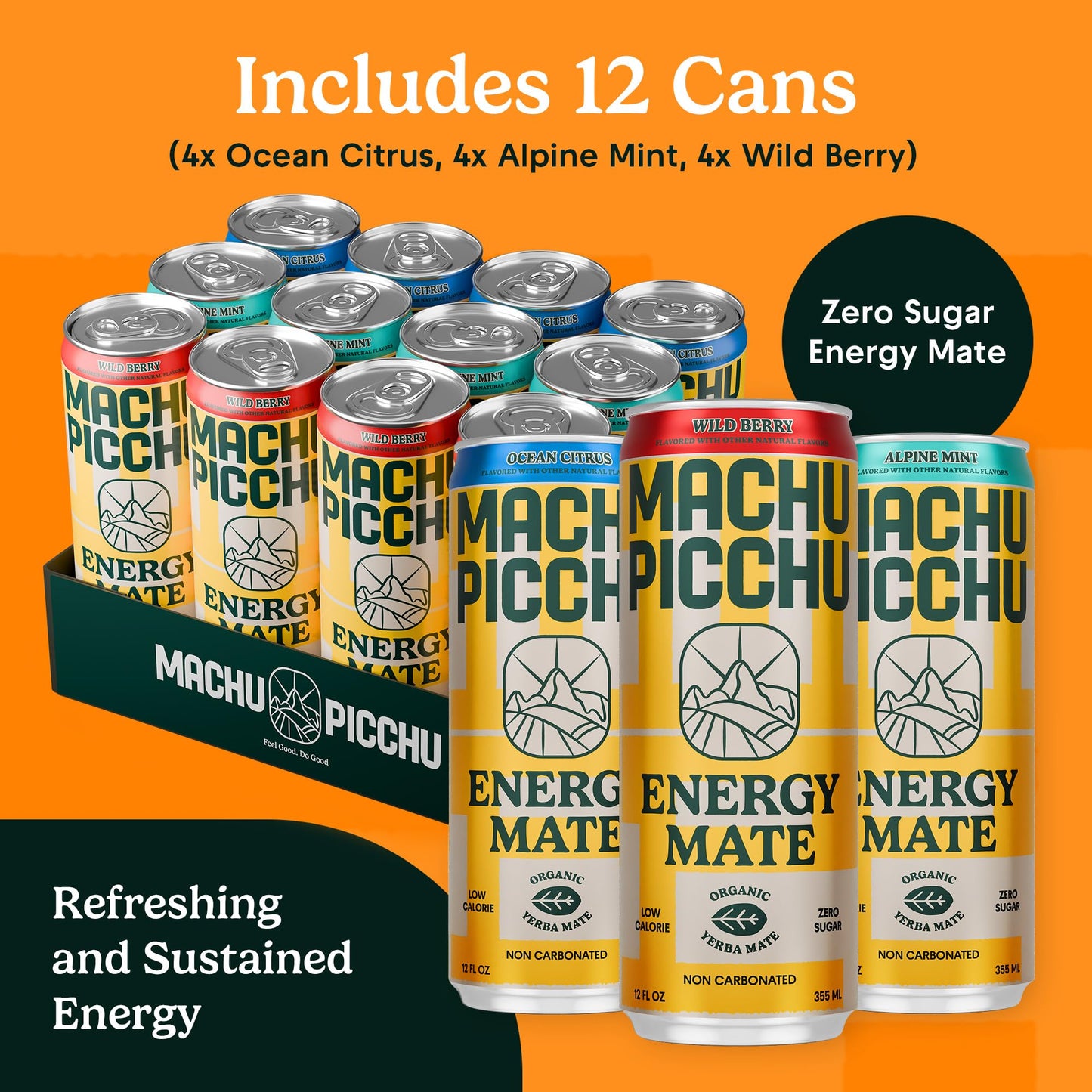 MACHU PICCHU 12-Pack Variety Zero Sugar Energy Mate Drink - Non-Carbonated Yerba Mate, 120mg Organic Caffeine, Smooth Focus Without Jitters or Crash