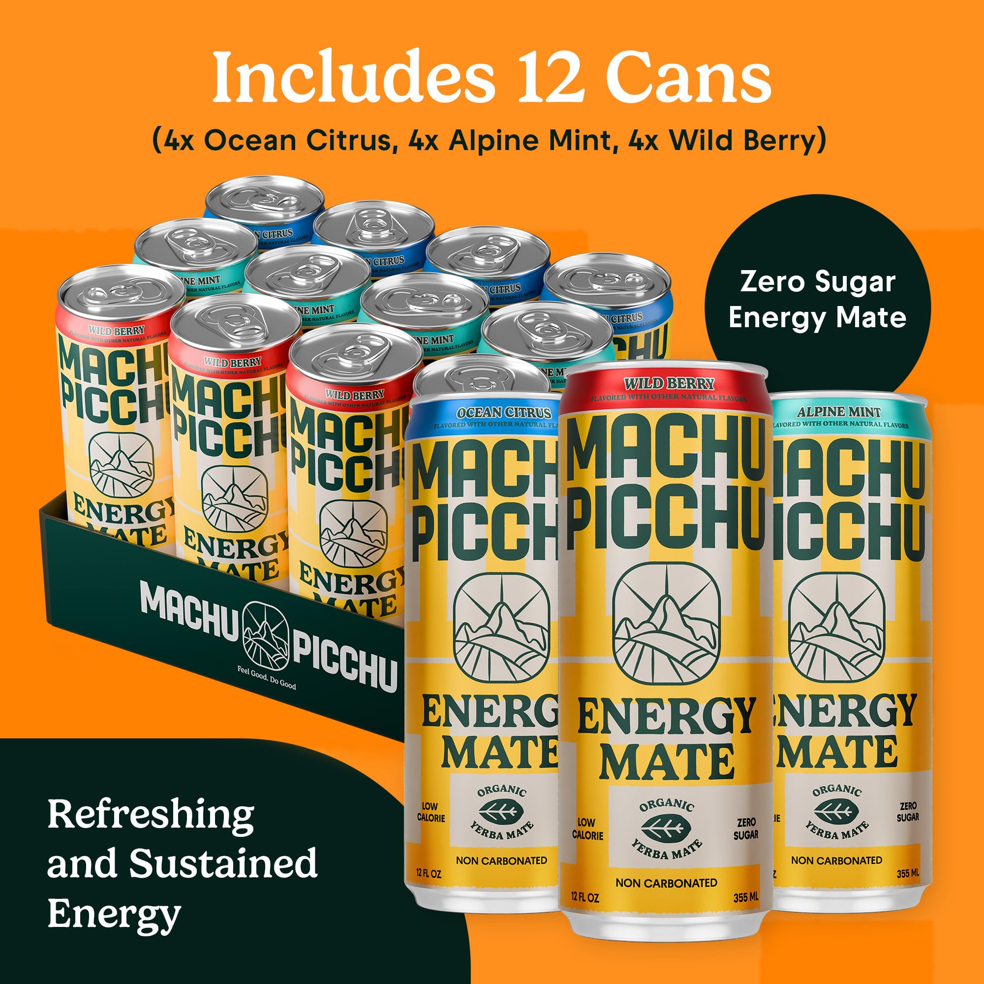 MACHU PICCHU 12-Pack Variety Zero Sugar Energy Mate Drink - Non-Carbonated Yerba Mate, 120mg Organic Caffeine, Smooth Focus Without Jitters or Crash