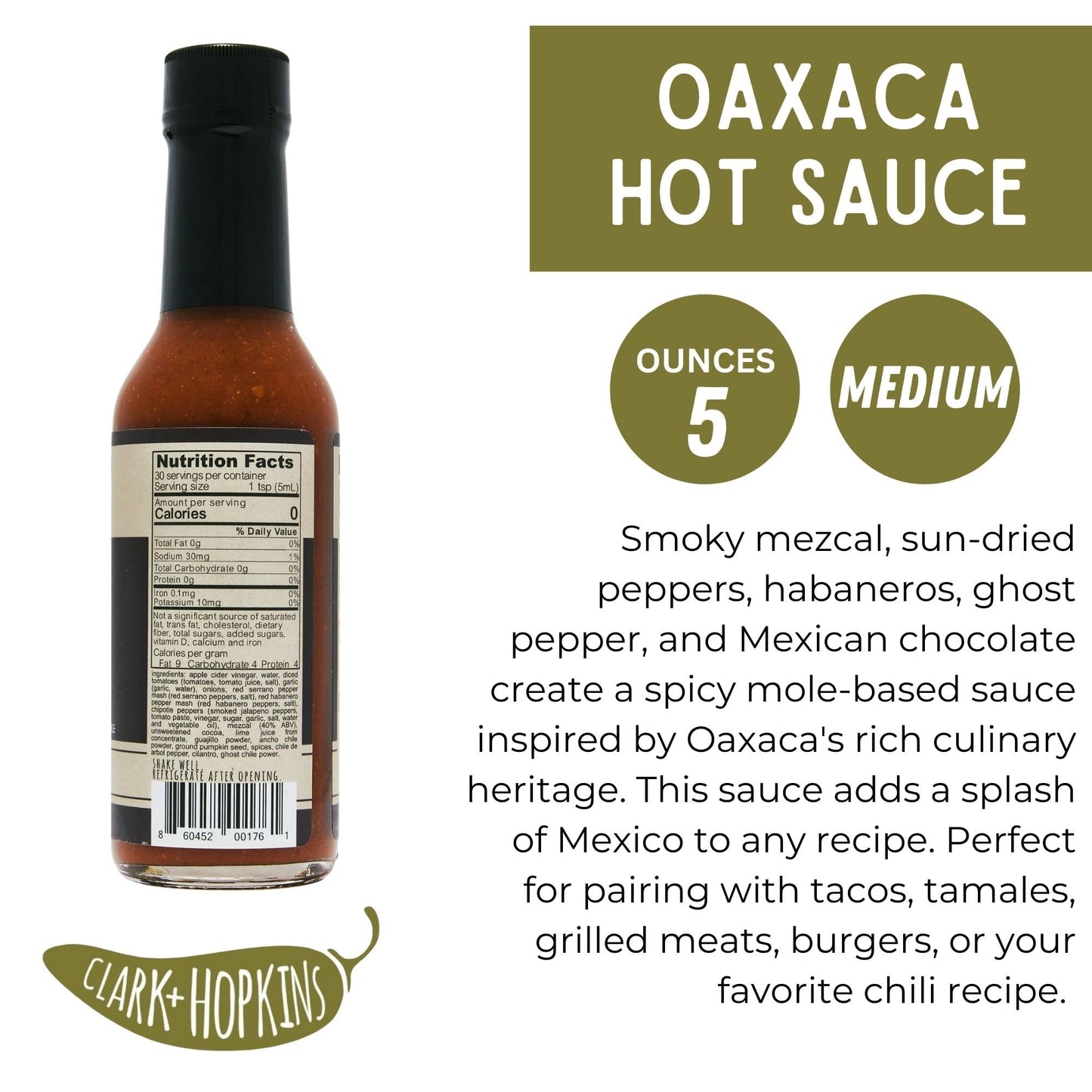 Clark + Hopkins Oaxaca Hot Sauce, Smoky Mezcal Mole Pepper Sauce, Oaxacan Cuisine's Spice and Savory Richness, 7/10 Heat Rating, 5 Ounce (1 Pack)