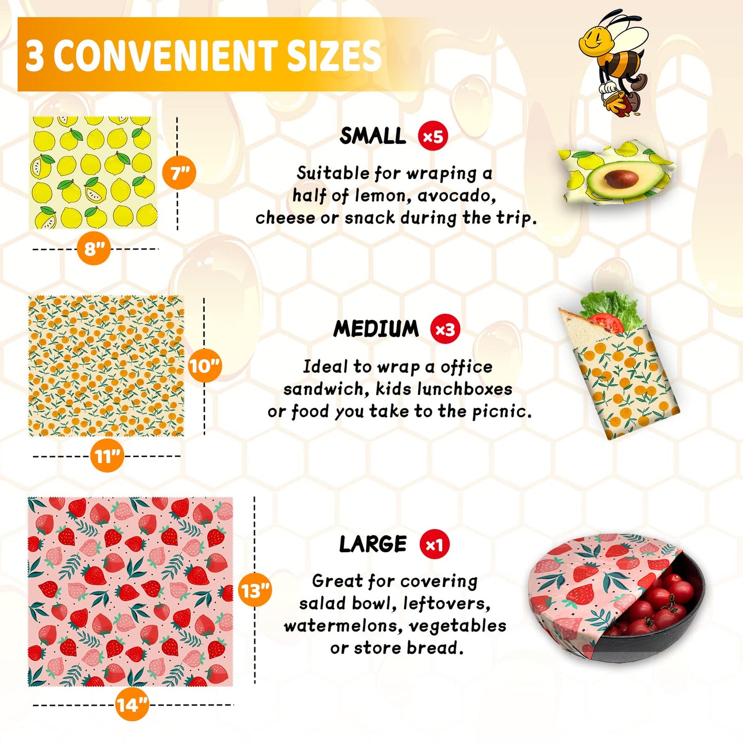 Reusable Beeswax Wrap - 9 Pack Eco-Friendly Beeswax Wraps For Food, Organic, Sustainable, Biodegradable, Zero Waste, Plastic-Free Food Storage, 1L