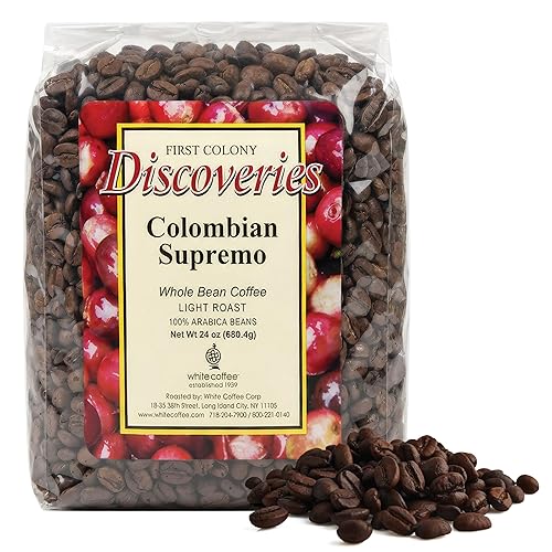 First Colony Colombian Whole Bean Coffee, Colombian Supremo, Light Roast, 100% Arabica Beans, 24oz Bag, Mild Chocolate & Nutty Flavor for Home Brewers