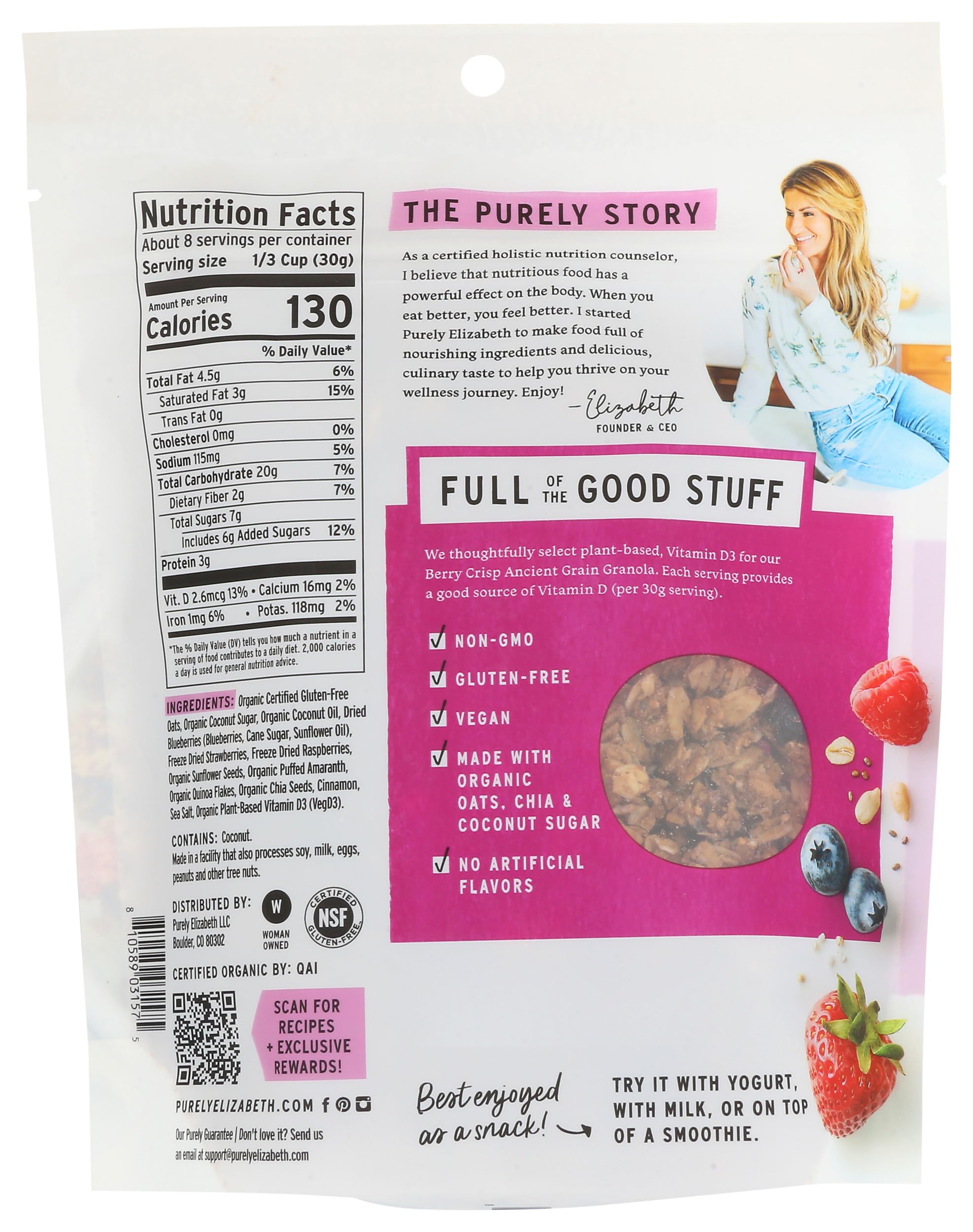 Purely Elizabeth, Berry Crisp, Ancient Grain Granola with Vitamin D, Gluten-Free (8oz Bag)