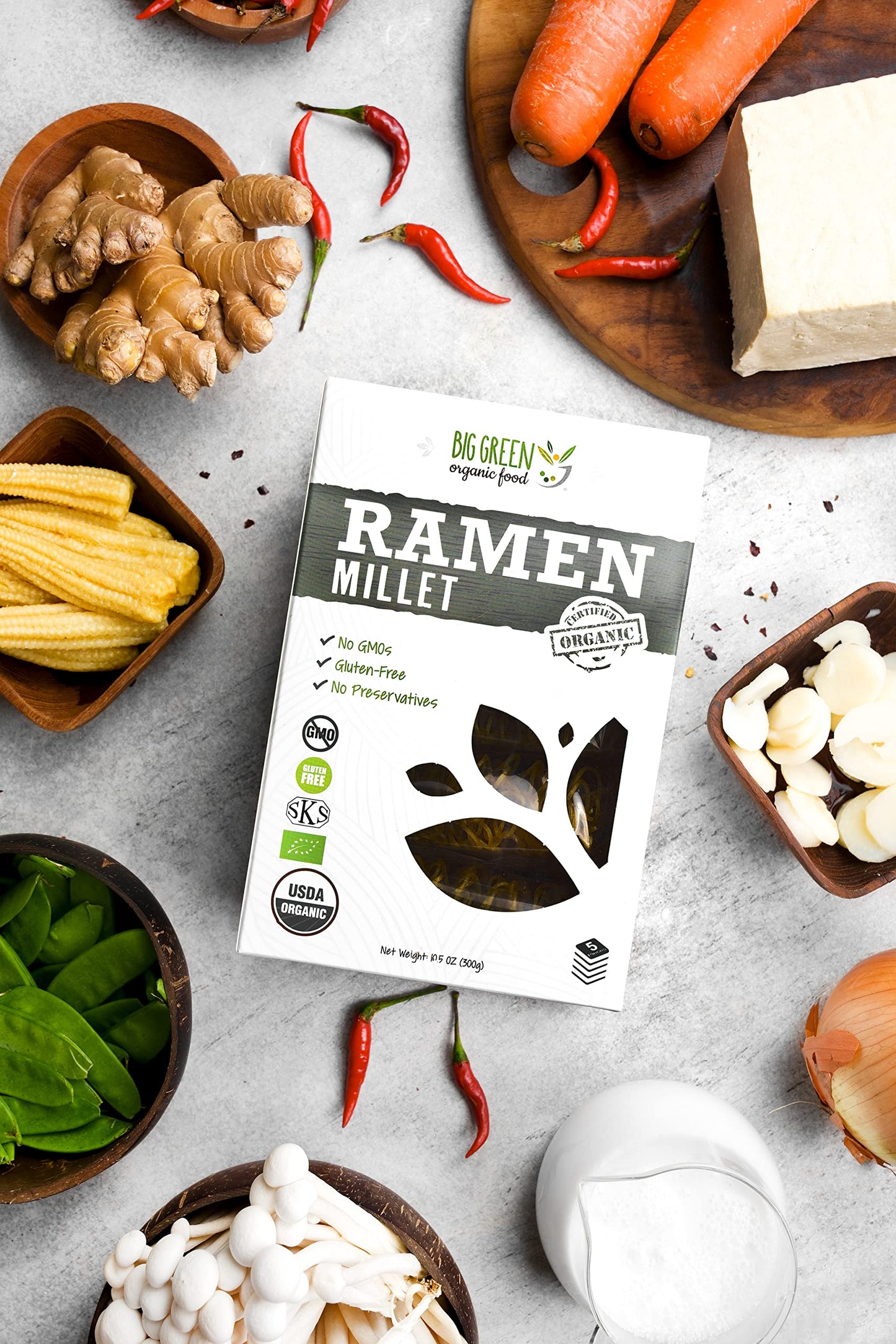 Big Green Organic Food- Organic Millet Ramen, Gluten-Free, Lectin-Free, Non-GMO, Vegan, Wheat and Rice Alternative (2.11 Ounce (60 Pieces))