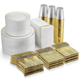 700 Piece Dinnerware Set - 200 Rim Plates, 300 Silverware, 100 Plastic Cups, 100 Linen-Napkins - Gold