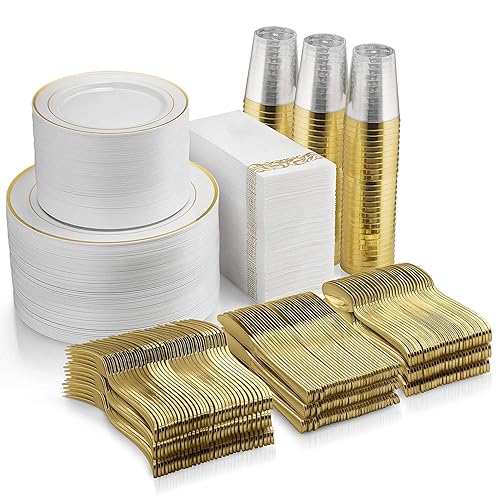 700 Piece Dinnerware Set - 200 Rim Plates, 300 Silverware, 100 Plastic Cups, 100 Linen-Napkins - Gold