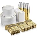 700 Piece Dinnerware Set - 200 Rim Plates, 300 Silverware, 100 Plastic Cups, 100 Linen-Napkins - Gold