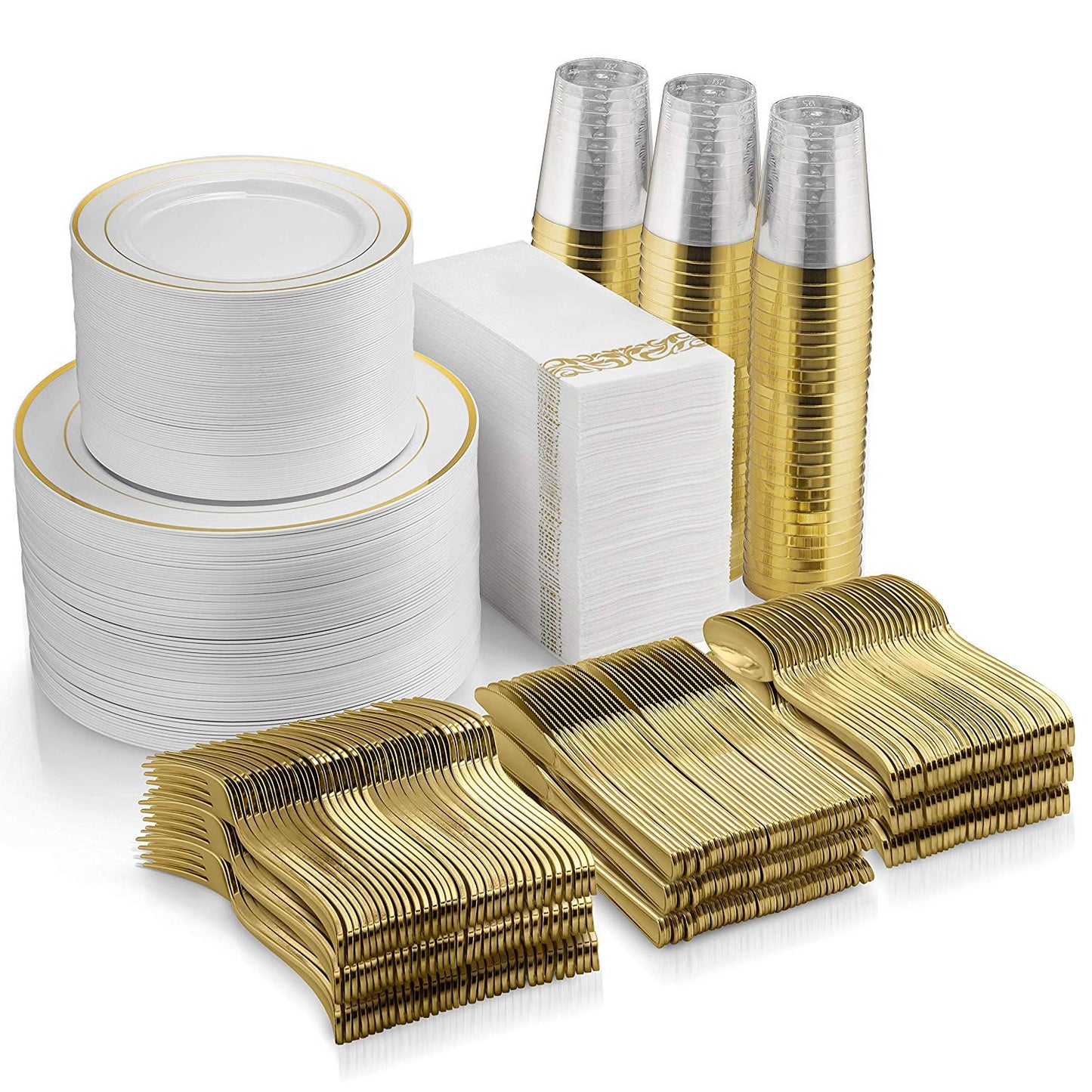 700 Piece Dinnerware Set - 200 Rim Plates, 300 Silverware, 100 Plastic Cups, 100 Linen-Napkins - Gold