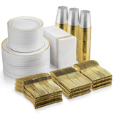700 Piece Dinnerware Set - 200 Rim Plates, 300 Silverware, 100 Plastic Cups, 100 Linen-Napkins - Gold