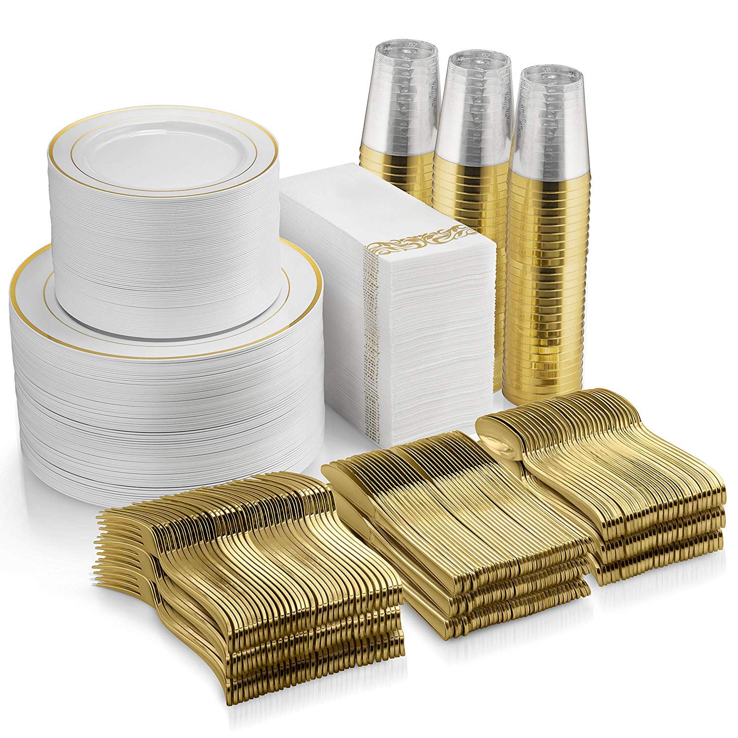 700 Piece Dinnerware Set - 200 Rim Plates, 300 Silverware, 100 Plastic Cups, 100 Linen-Napkins - Gold