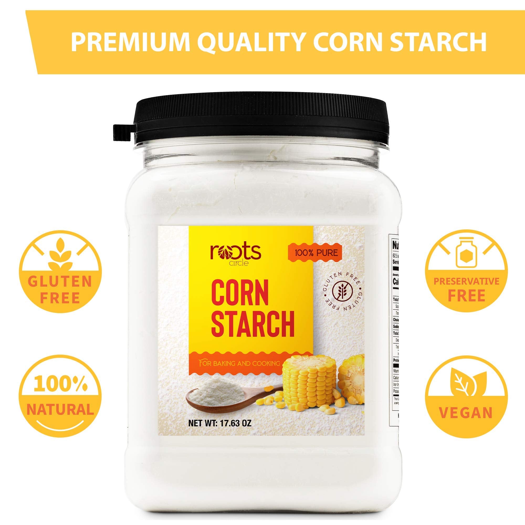 Roots Circle 100% Pure Corn Starch |17.63oz Airtight Container | All Natural Thickener for Soups, Stews, Gravy, Baking Pies, Puddings & Cakes |