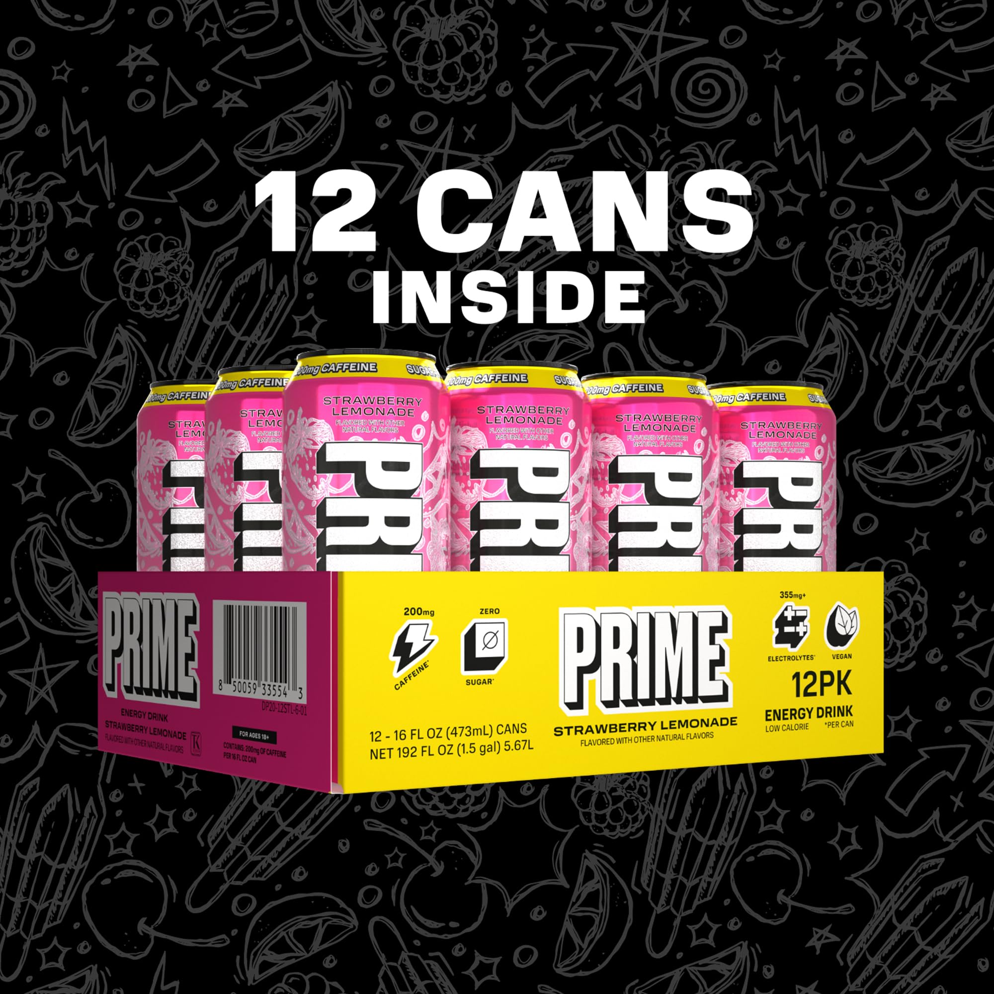 PRIME Energy STRAWBERRY LEMONADE, Sugar Free Energy Drink, 200mg Caffeine and 355mg of Electrolytes for Hydration, Low Calorie, Vegan, Gluten Free,16