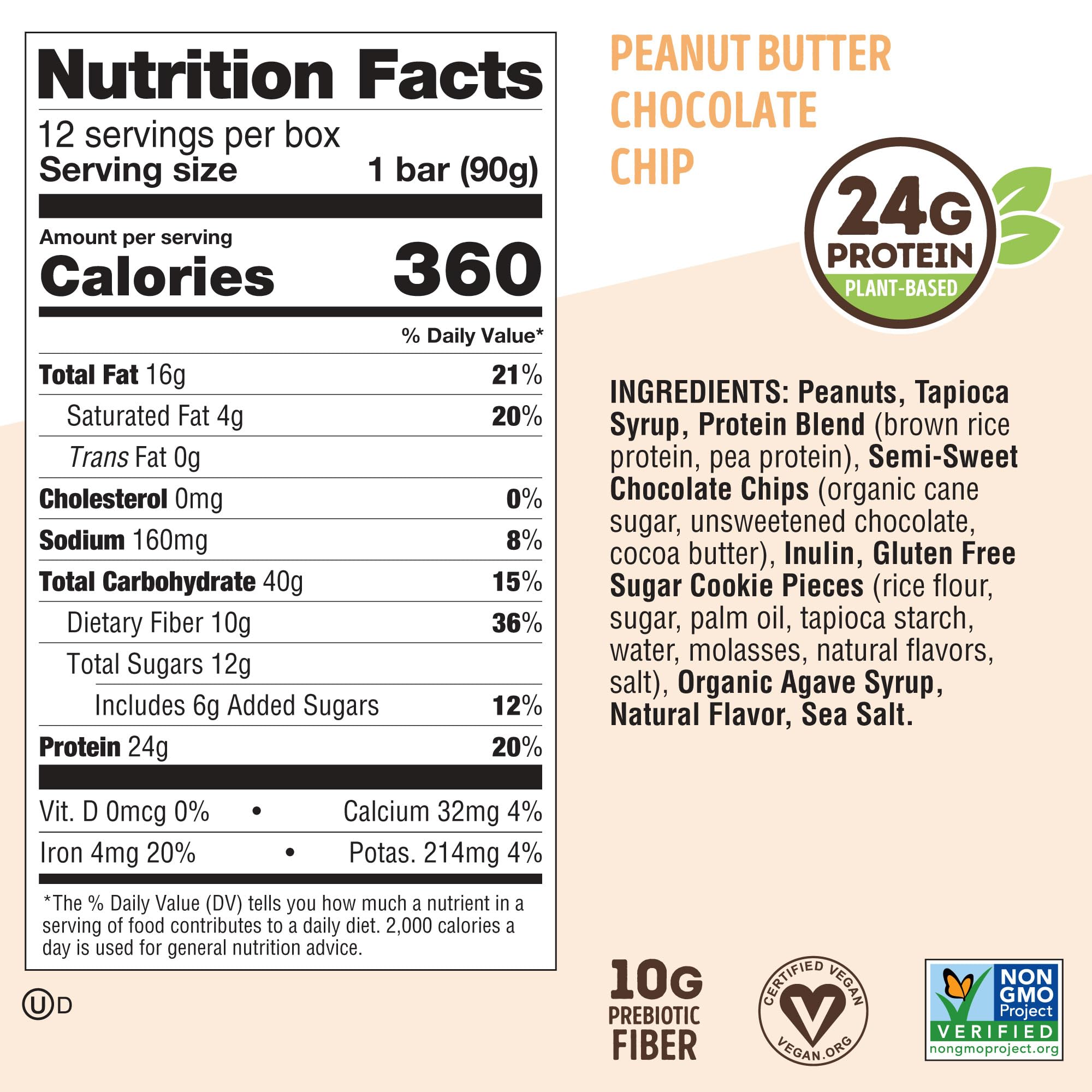 Lenny & Larry's Cookie-fied BIG BAR - Peanut Butter Chocolate Chip Vegan Protein Bars 12x90g - Healthy Snacks, 24g Plant Protein & 10g Prebiotic Fiber