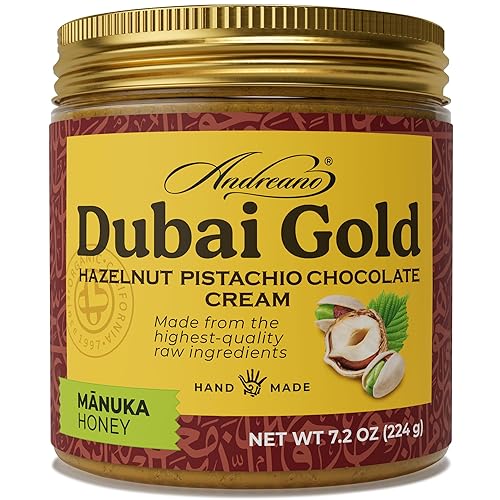 ANDREANO Dubai Gold Chocolate Hazelnut Pistachio Cream with Manuka Honey - Crispy Kataifi Spread - Gourmet Dessert Filling & Chocolate Treat - 7.2 oz
