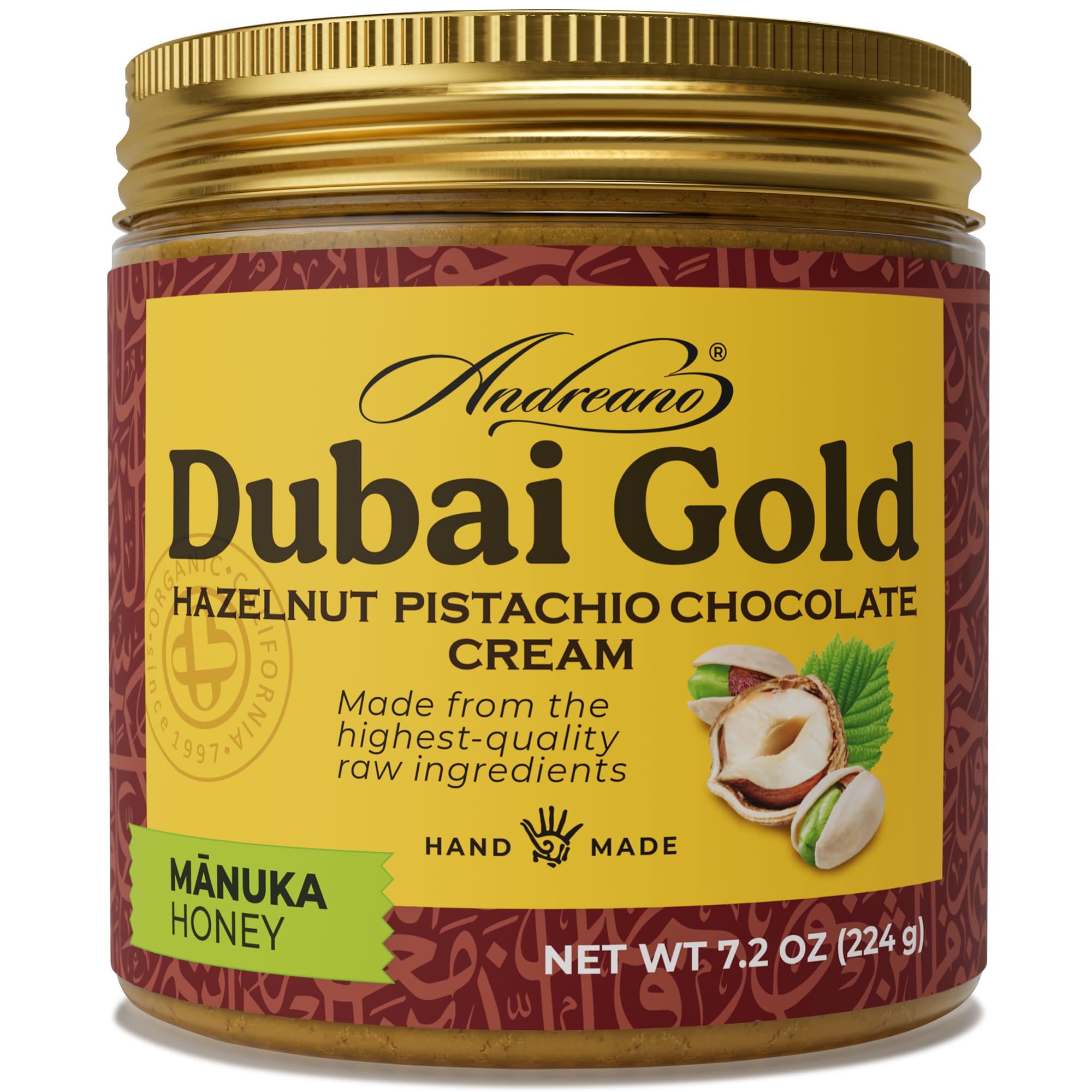 ANDREANO Dubai Gold Chocolate Hazelnut Pistachio Cream with Manuka Honey - Crispy Kataifi Spread - Gourmet Dessert Filling & Chocolate Treat - 7.2 oz