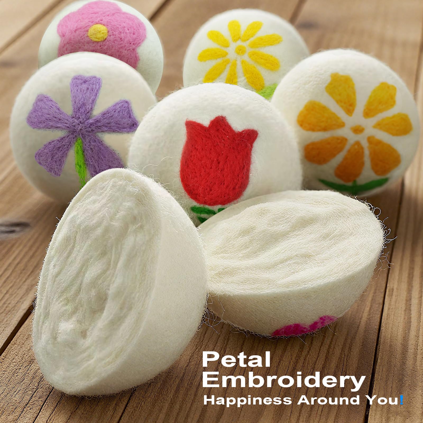 Wool Dryer Balls 6-Pack XL - Unique Petal Embroidery, Natural Reusable Laundry Fabric Softener, Reduces Wrinkles & Drying Time, Hypoallergenic