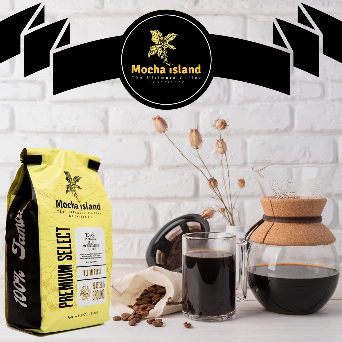 Mocha Island Blue Mountain Coffee, Medium Roast, Ground, Jamaican Coffee, 8oz