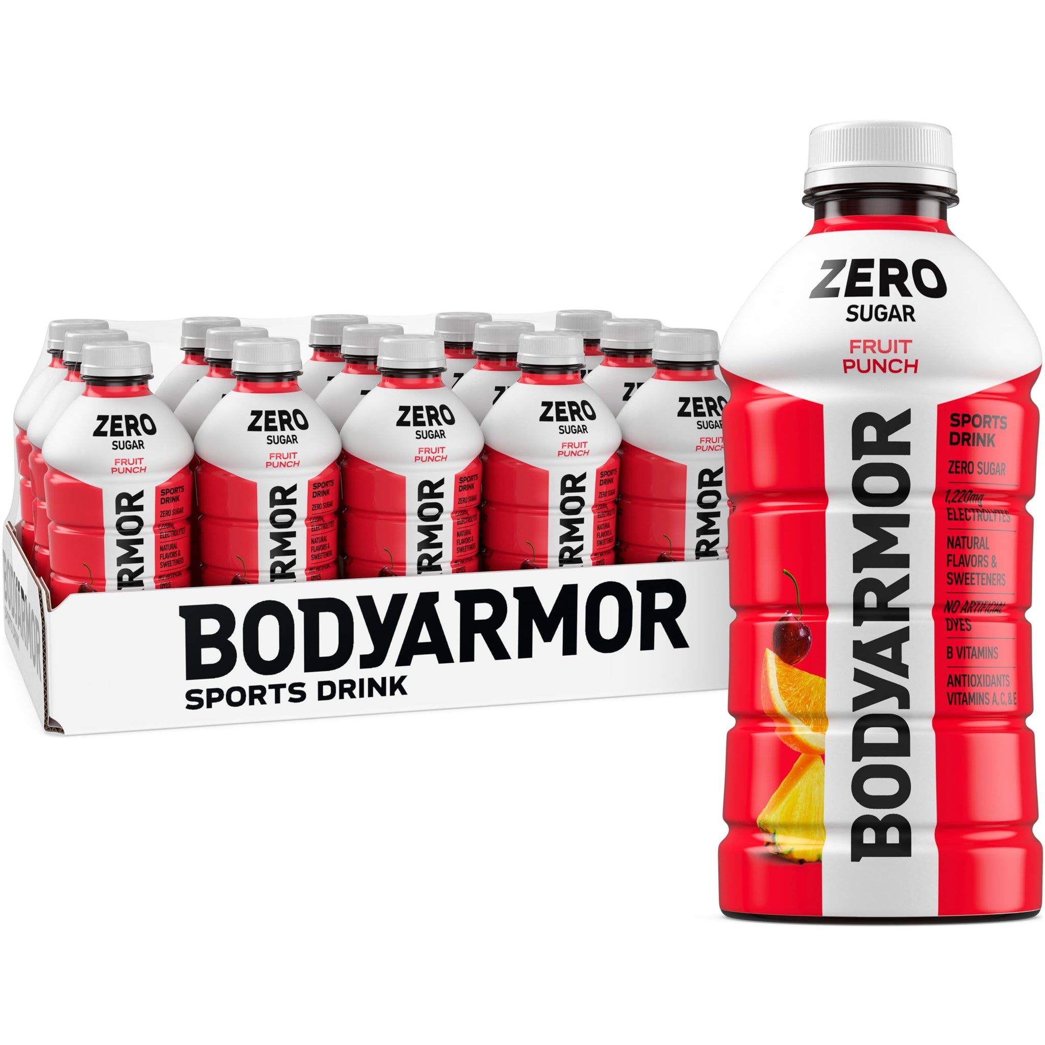 BODYARMOR ZERO Sugar Fruit Punch Electrolyte Drink, Natural Flavors, 28 Fl Oz Bottles (15 Pack), B Vitamins & Antioxidants Sugar Free Hydration