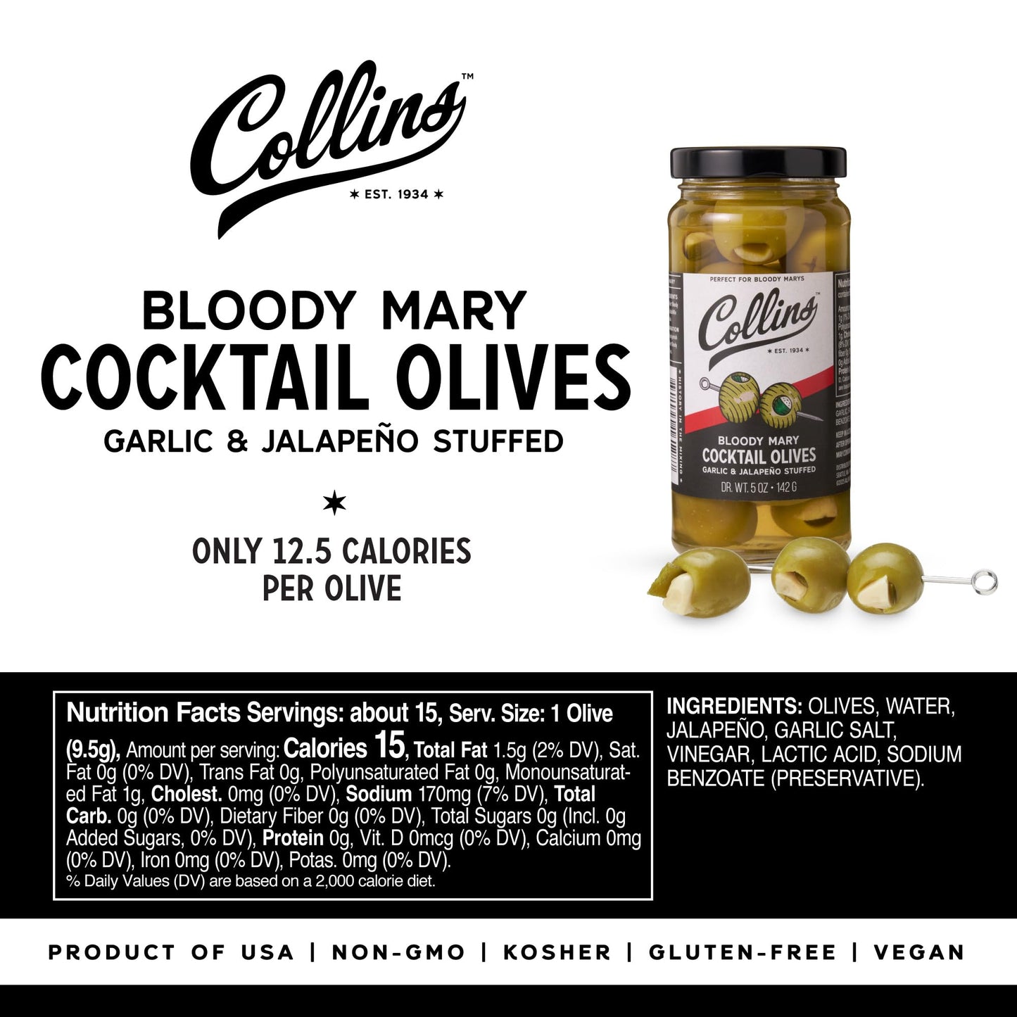 Collins Jalapeno Garlic Stuffed Cocktail Olives, Gourmet Martini Olive Cocktail Garnish, Dirty Martini Olives, Bloody Mary, Jalapeno Olives Garlic