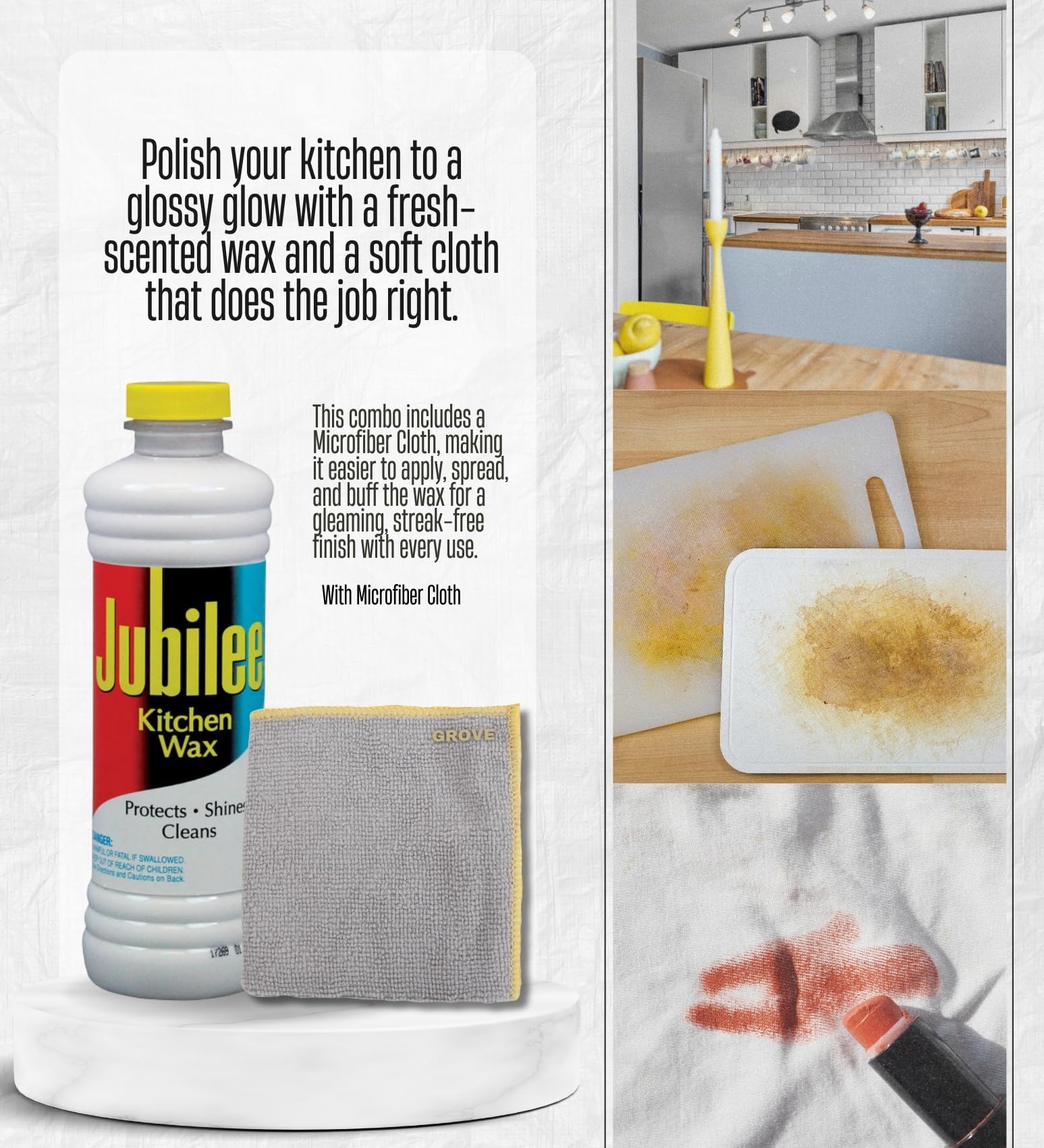 2x Jubilee Clean Scent Kitchen Wax Liquid 15 oz Bundle with Microfiber Cleaning Cloth - Protects, Cleans, and Shines Surfaces Like Wood, Tile, Enamel