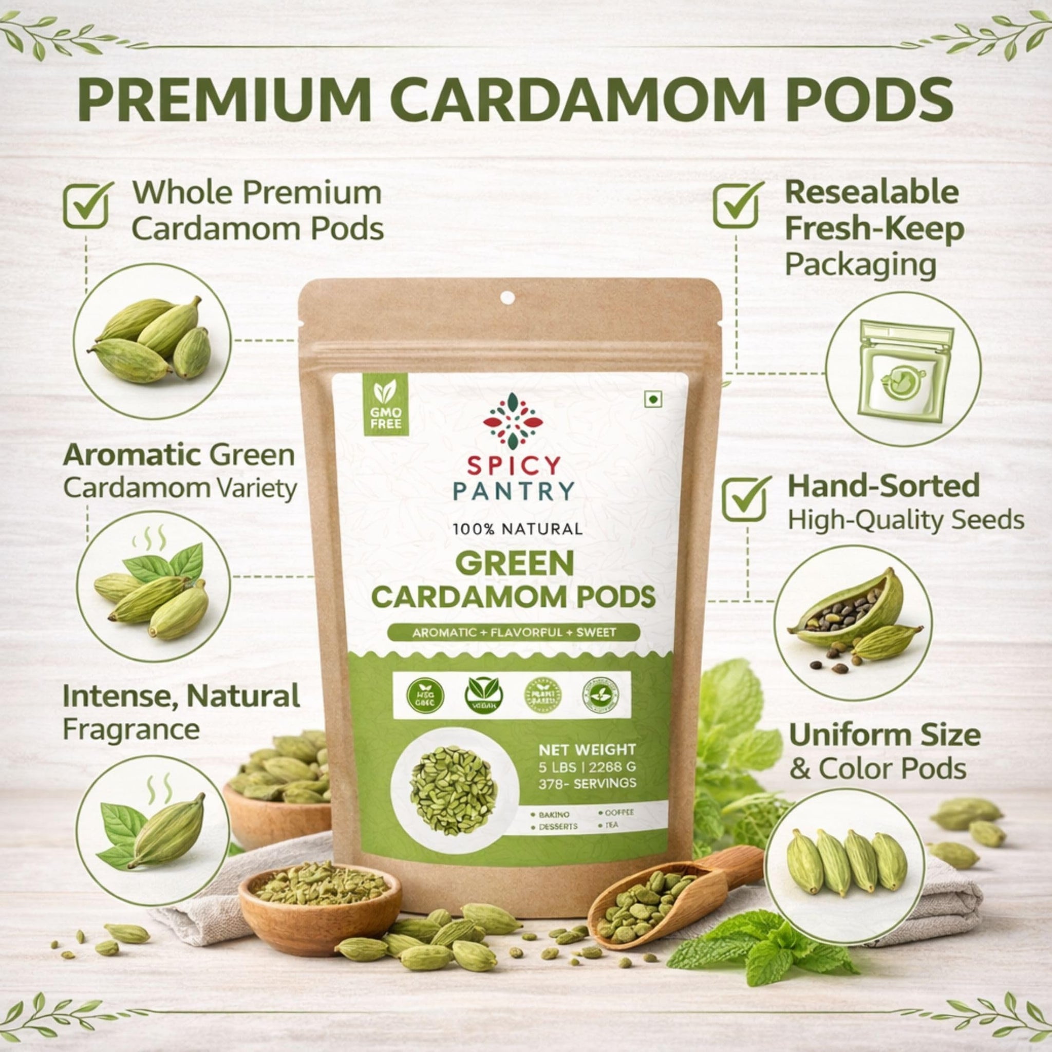 SPICY PANTRY Cardamom Pods 2 lbs - Whole Green Spice for Chai, Curries, Rice Dishes & Baked Goods & Spice Blends- Non-GMO, Gluten Friendly, Aromatic