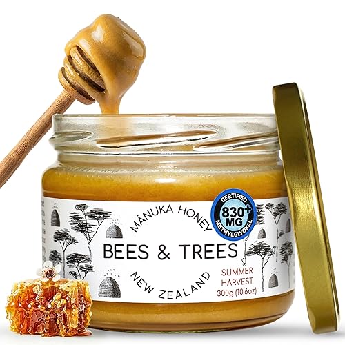 Bees & Trees Manuka Honey 830+ MGO - Raw, Pure New Zealand Monofloral Honey - Unpasteurized & Minimally Filtered - Ideal for Tea, Coffee, Dressings