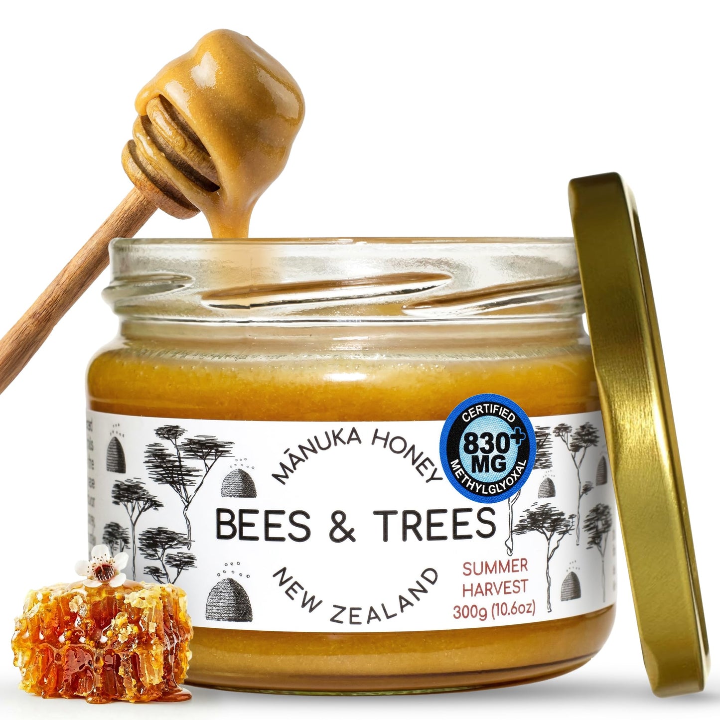 Bees & Trees Manuka Honey 830+ MGO - Raw, Pure New Zealand Monofloral Honey - Unpasteurized & Minimally Filtered - Ideal for Tea, Coffee, Dressings