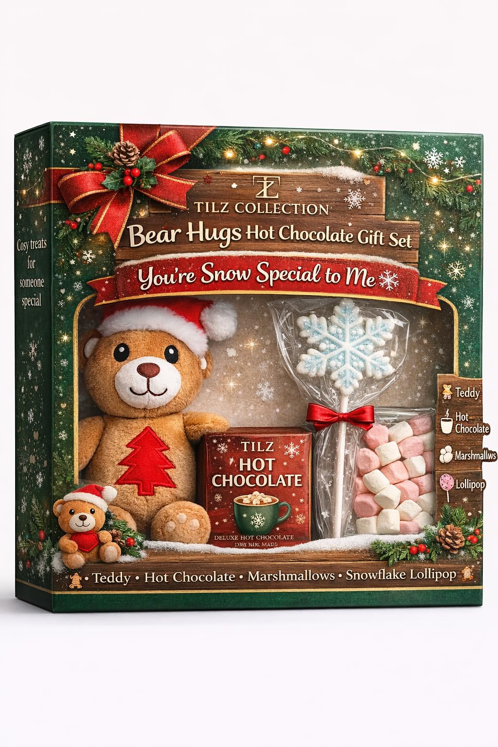 Christmas Cocoa & Cuddles Gift Set - Kids Hot Chocolate Gift Set with Santa Teddy, Snowflake Lollipop & Mini Marshmallows | Luxury Hot Chocolate