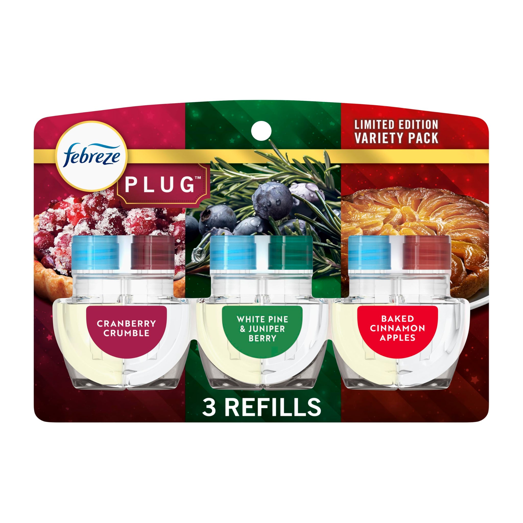 Febreze Plug In Air Freshener, Odor-Fighting Scented Oil Refill, Holiday Mix, 3 Refills, Clear