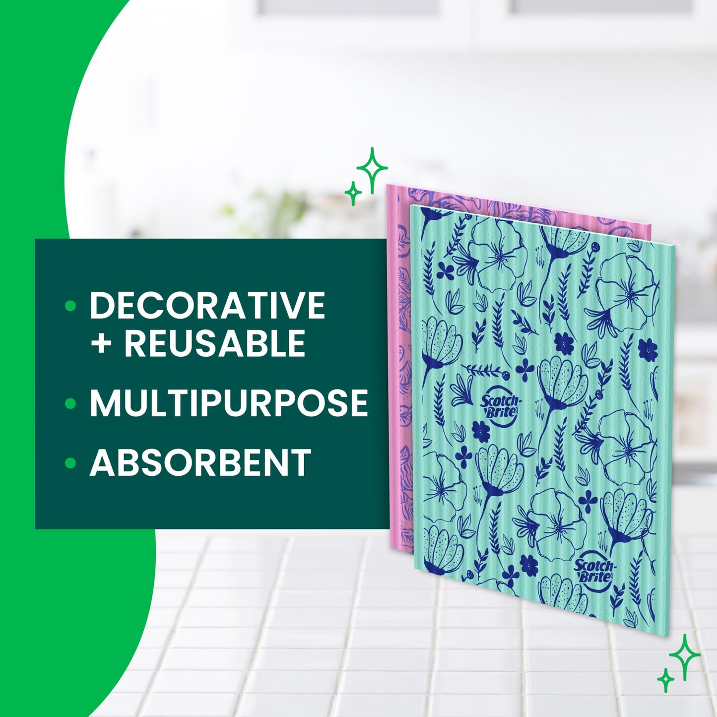Scotch-Brite Sponge Cloths, Reusable, Absorbent, and Decorative Cleaning Towel, Dishwasher-Safe Wipes Ideal for Nonstick Cookware, Tile, Countertops