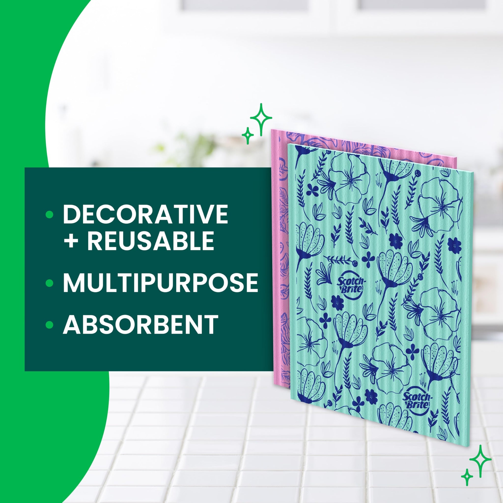 Scotch-Brite Sponge Cloths, Reusable, Absorbent, and Decorative Cleaning Towel, Dishwasher-Safe Wipes Ideal for Nonstick Cookware, Tile, Countertops