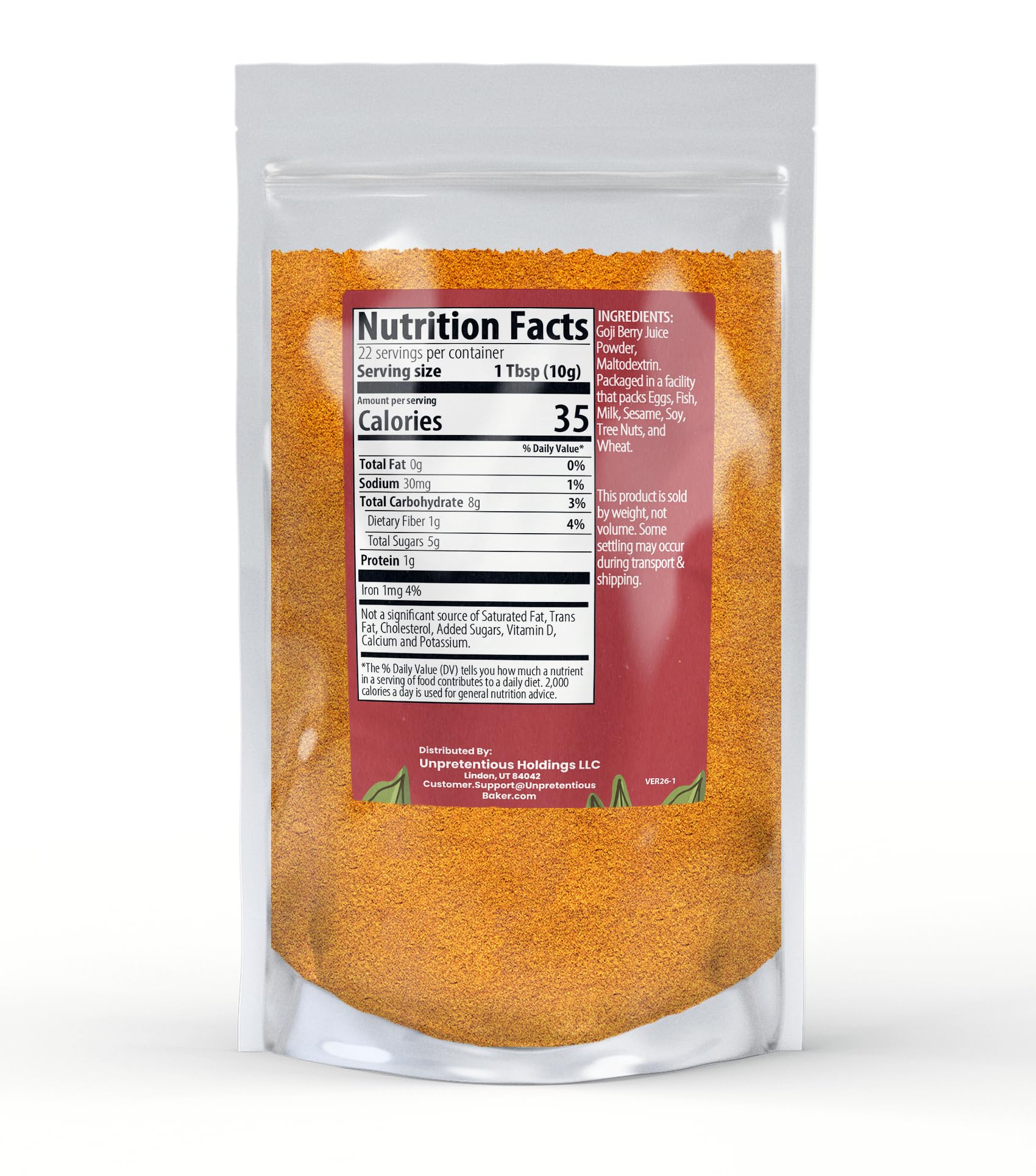 Unpretentious Goji Berry Powder, Drink & Smoothie Mix-in, Sweet & Tart, Fruity Ingredient (8 Ounce)
