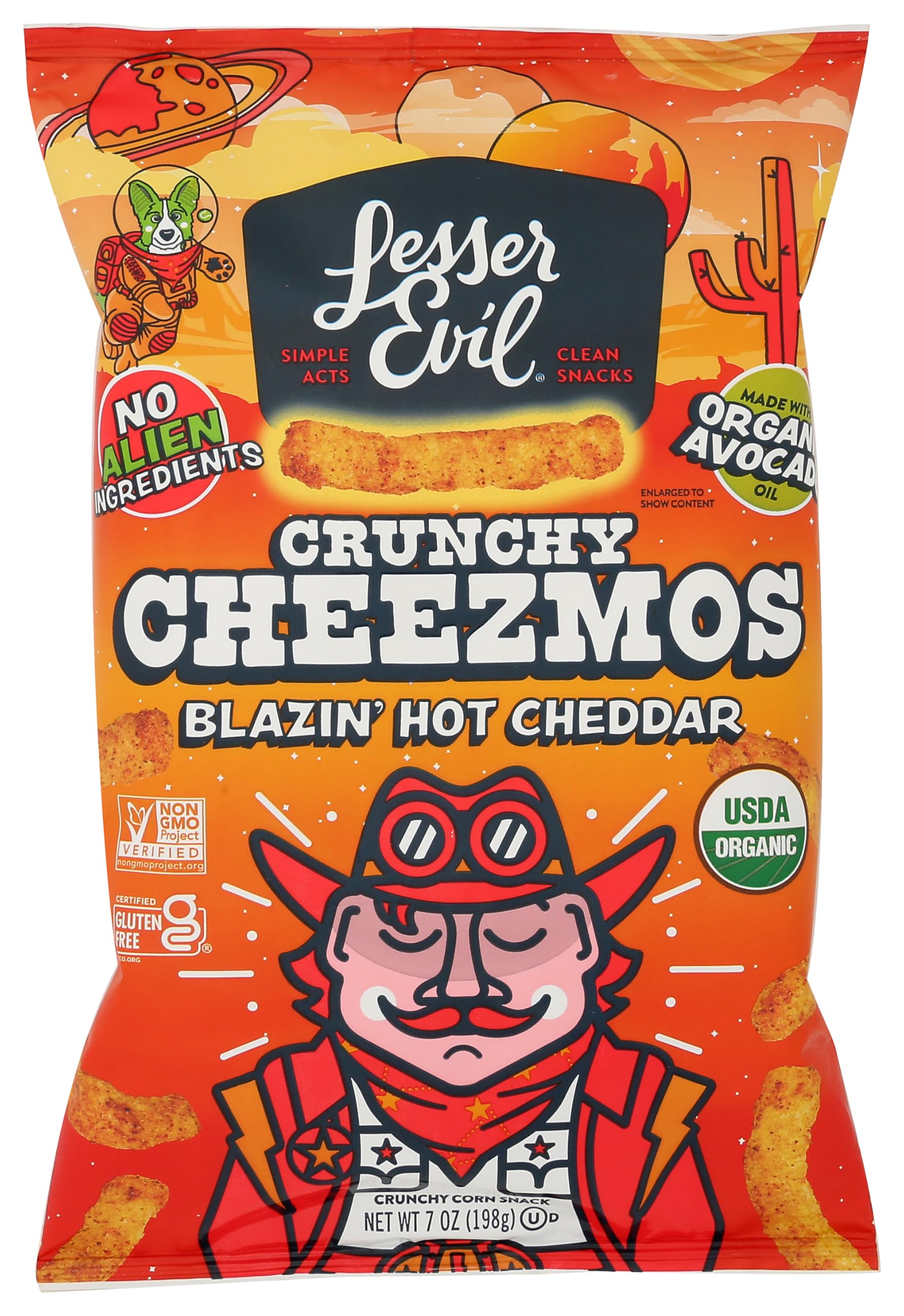 LESSEREVIL Organic Blazin' Hot Cheddar Cheezmos, 7 OZ