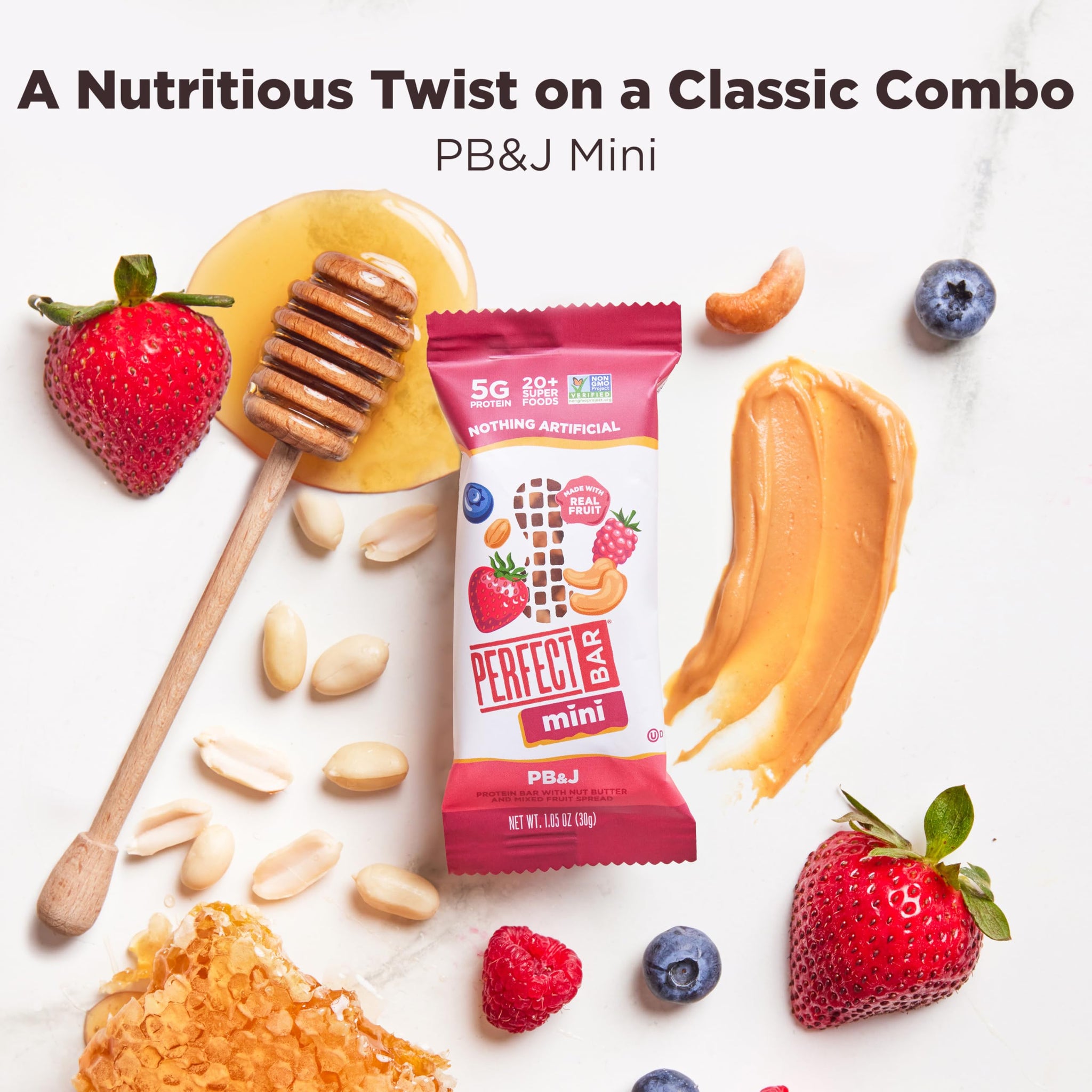 Perfect Bar Mini Protein Bars, PB&J, Gluten Free, Made with Organic Honey, Peanut Butter, Real Fruit, Cookie Dough Texture, Refrigerated, 18 Count
