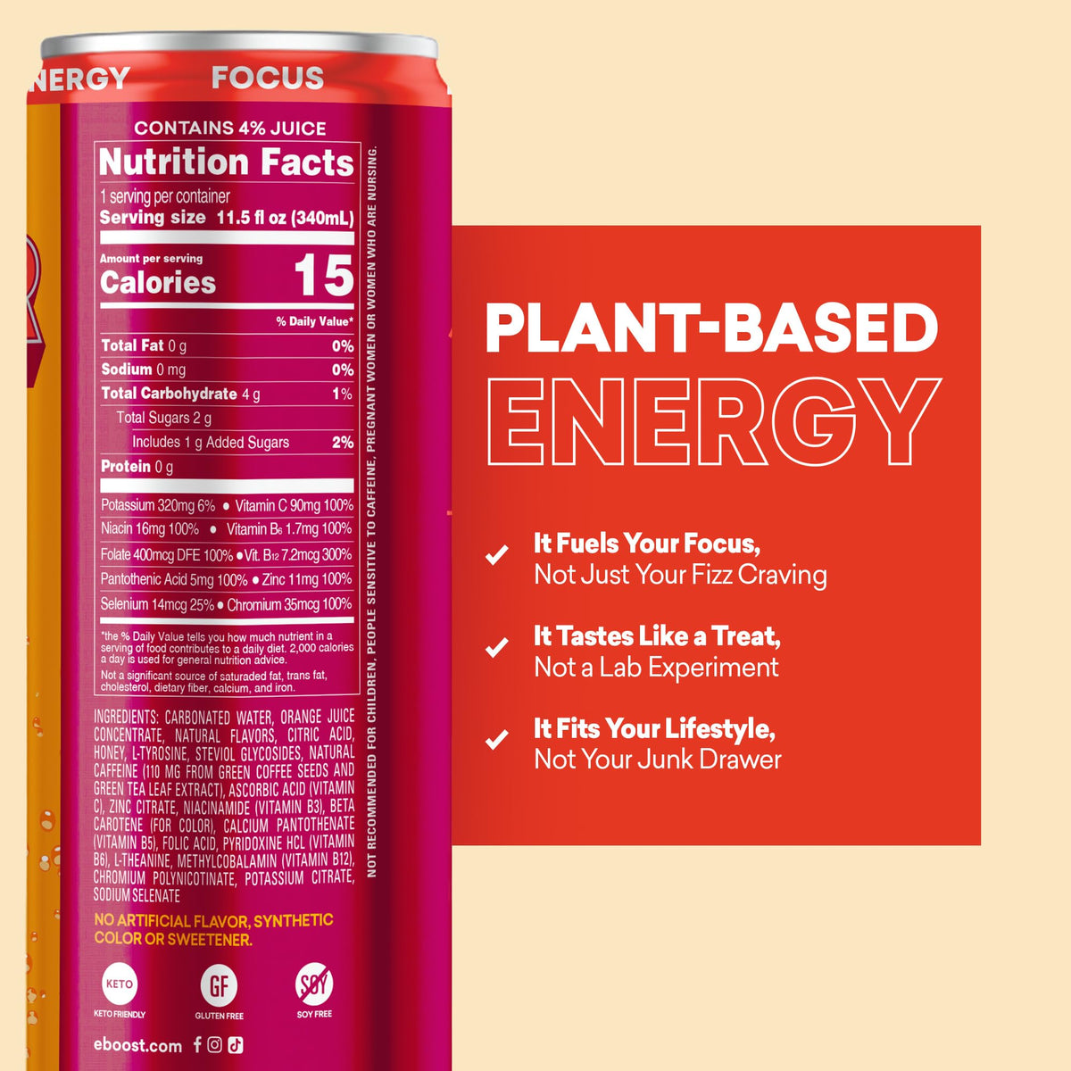 EBOOST SUPER FUEL Healthy Energy Drink - Orange Mango: 12 Healthy Energy Drinks - Focus & Productivity - 110 mg Caffeine + Nootropics, & Electrolytes