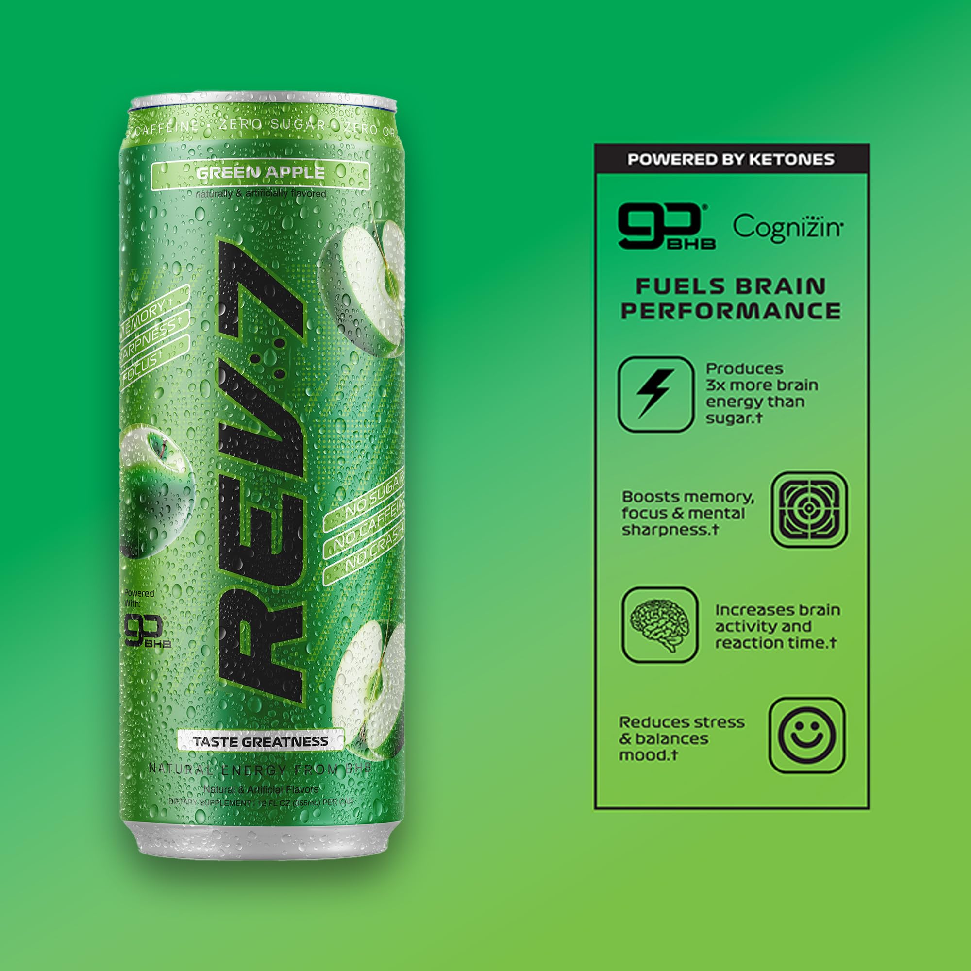 REV7 Anti-Tired Drink! Caffeine Free, Zero Sugar, Powered by goBHB, Ketones, Green Apple - 12ct