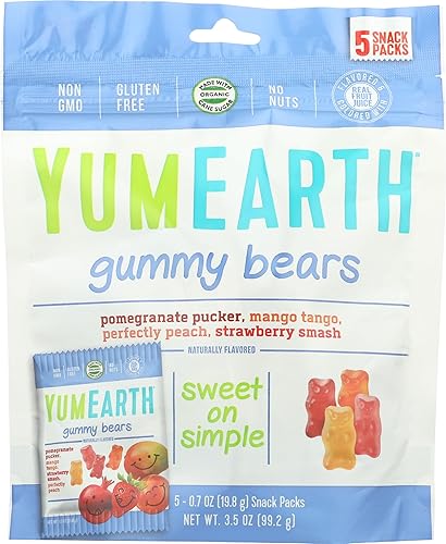 YumEarth Gluten Free Gummy Bears, Assorted Flavors, 99 grams, 5 Snack Packs Per Bag