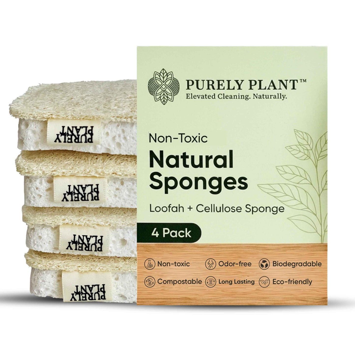 Purely Plant Loofah Dish Sponge 4 Pack- Loofah & Cellulose Premium Kitchen Scrubber, Non Toxic, 100% Plastic Free,Compostable & Biodegradable,Durable