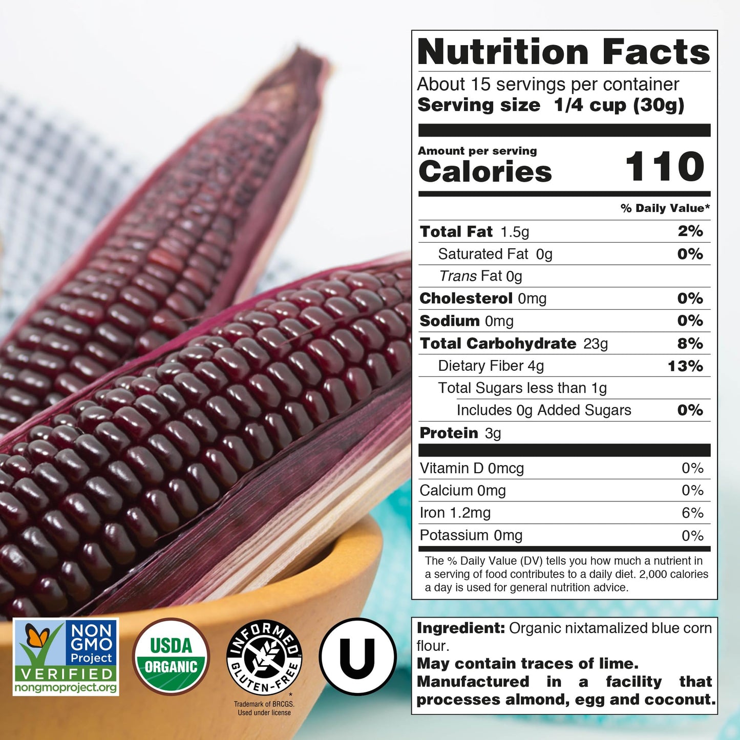 USDA Organic Blue Corn Flour 1lb, Flour for Tortillas, Sopes, and Mexican Dishes, Gluten-Free, Kosher and Vegan, Masa Flour for Baking, Just About