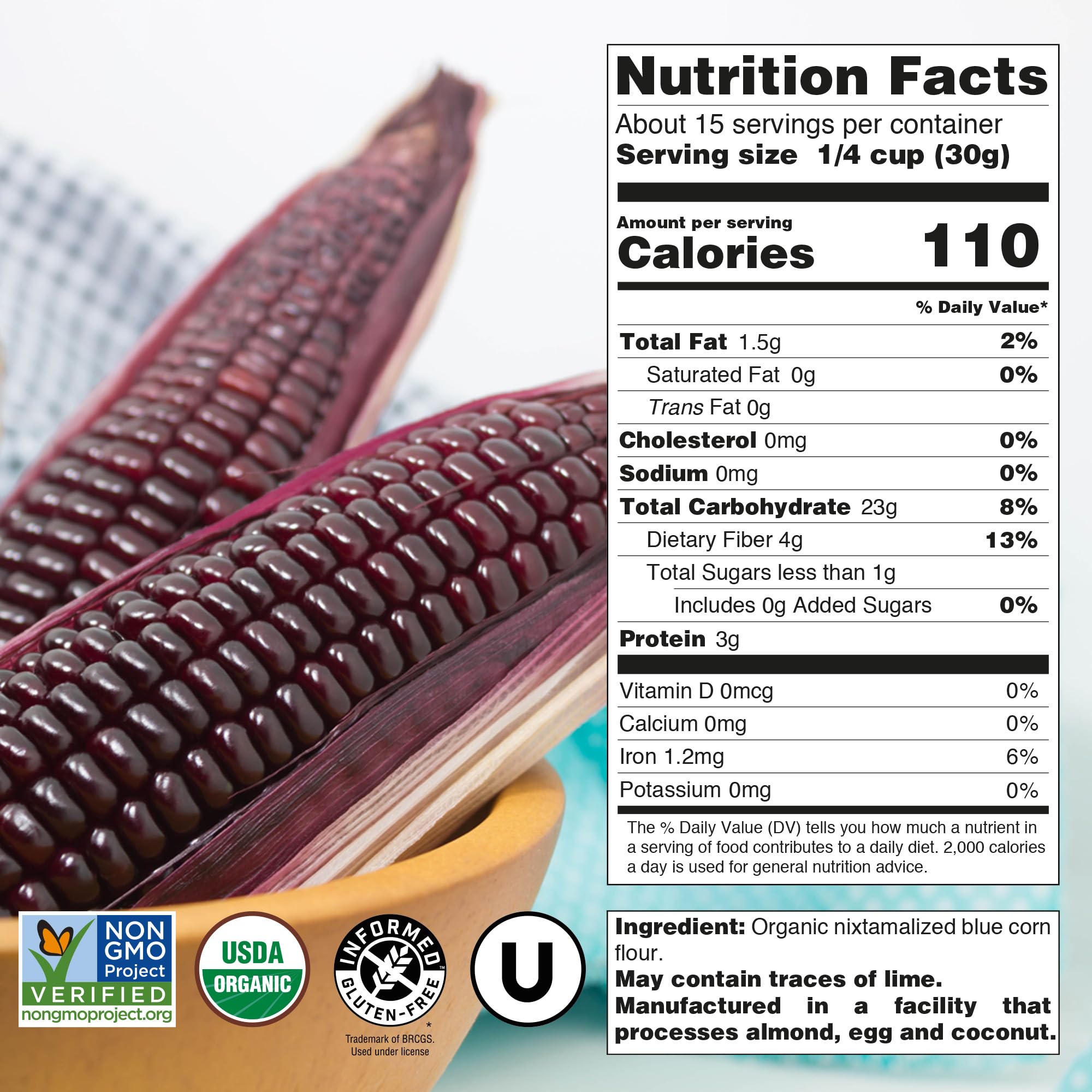 USDA Organic Blue Corn Flour 1lb, Flour for Tortillas, Sopes, and Mexican Dishes, Gluten-Free, Kosher and Vegan, Masa Flour for Baking, Just About