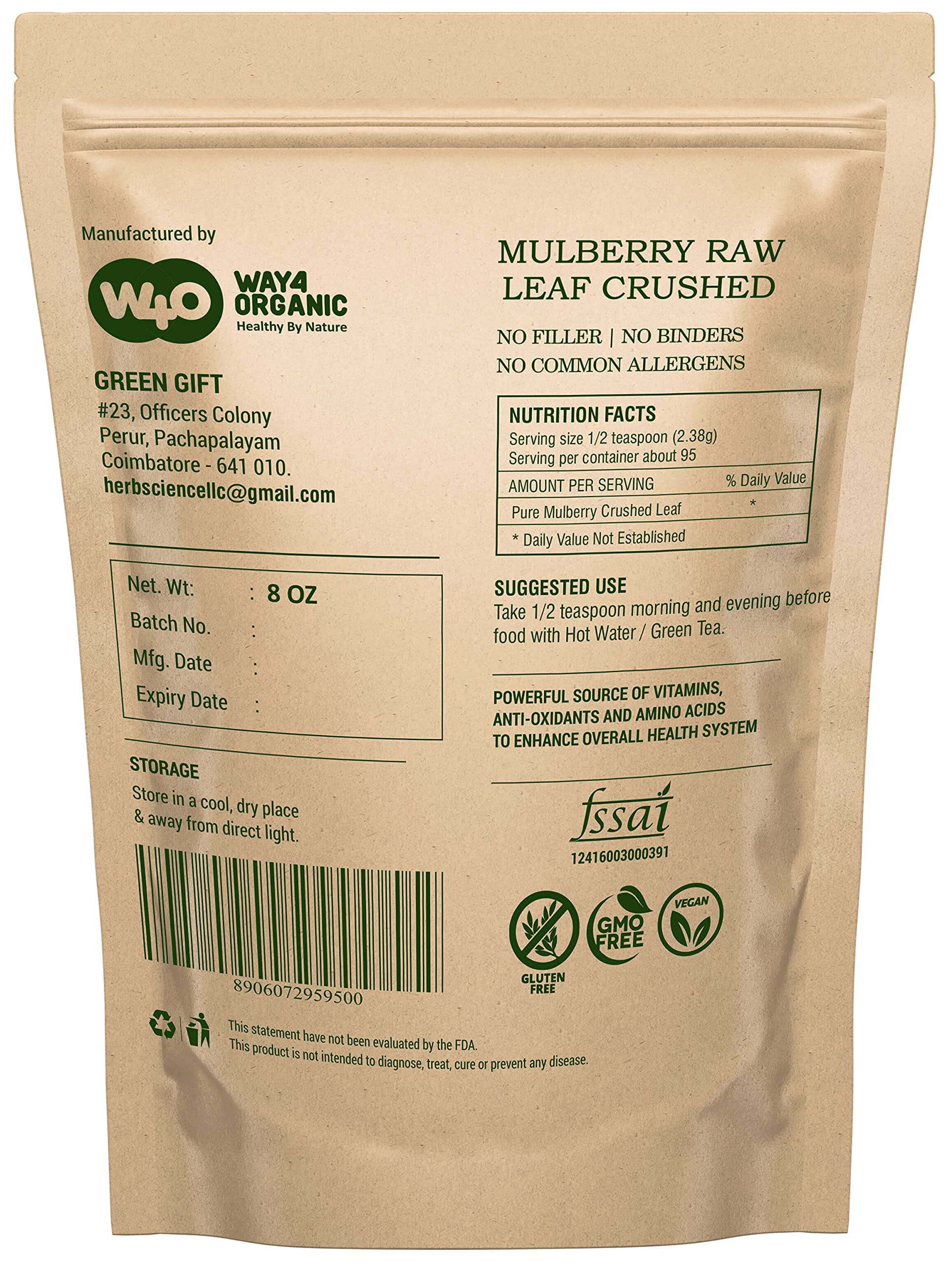 Mulberry Leaf Tea 8 Oz, Dried Crushed Leaves, Best Caffeine Free Tea - Way4Organic (1 Pack)