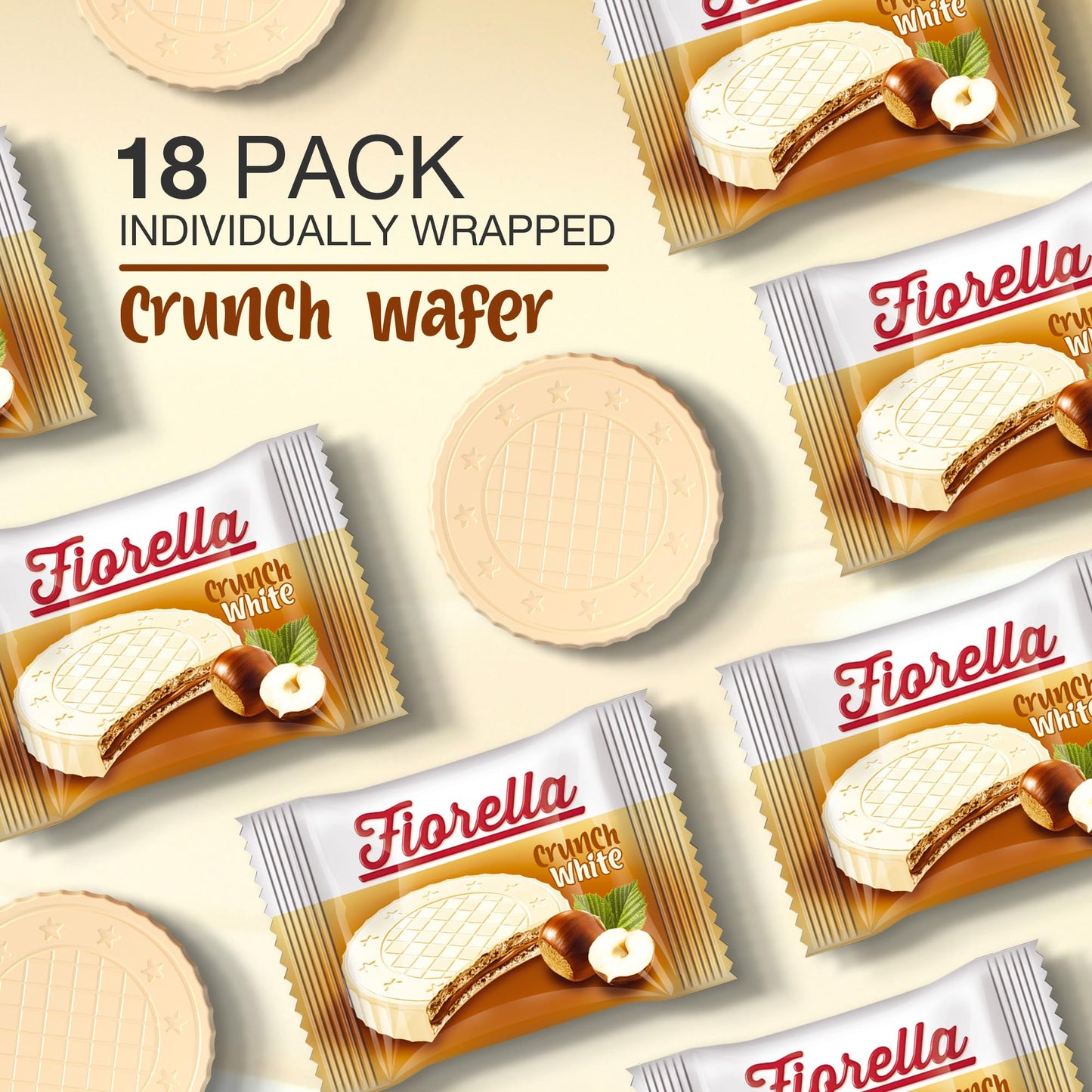 Fiorella Crunch White Chocolate Wafer Cookies, 18 Count, Chocolate Covered Crispy Thin Wafers with Layers of Hazelnut Cream Filling, Individually