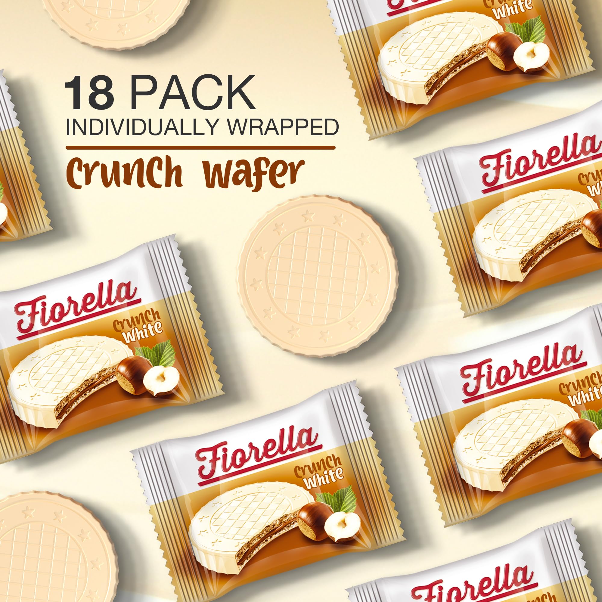 Fiorella Crunch White Chocolate Wafer Cookies, 18 Count, Chocolate Covered Crispy Thin Wafers with Layers of Hazelnut Cream Filling, Individually