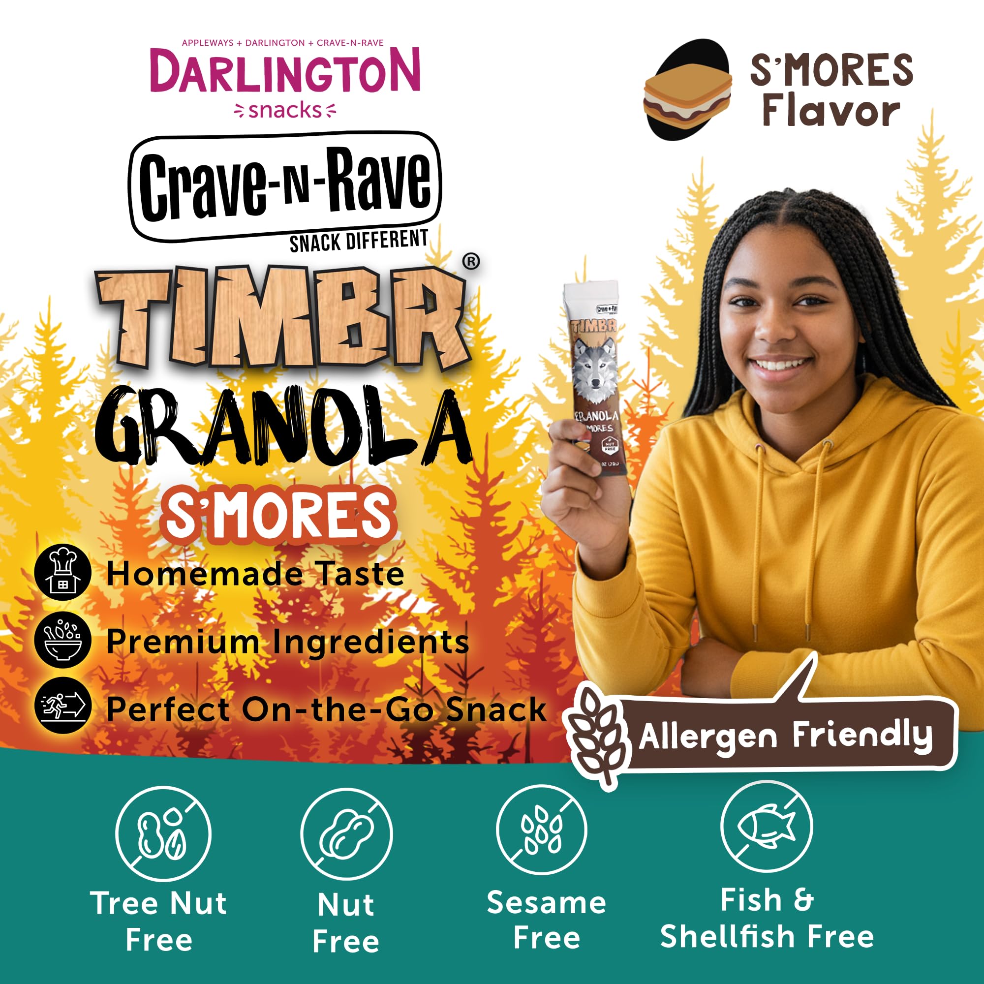 Crave-N-Rave TIMBR S'mores Granola Clusters, 1 oz, 20 Count - Whole Grain, Nut-Free Granola Smores Snack Packs for School, Office, Hiking