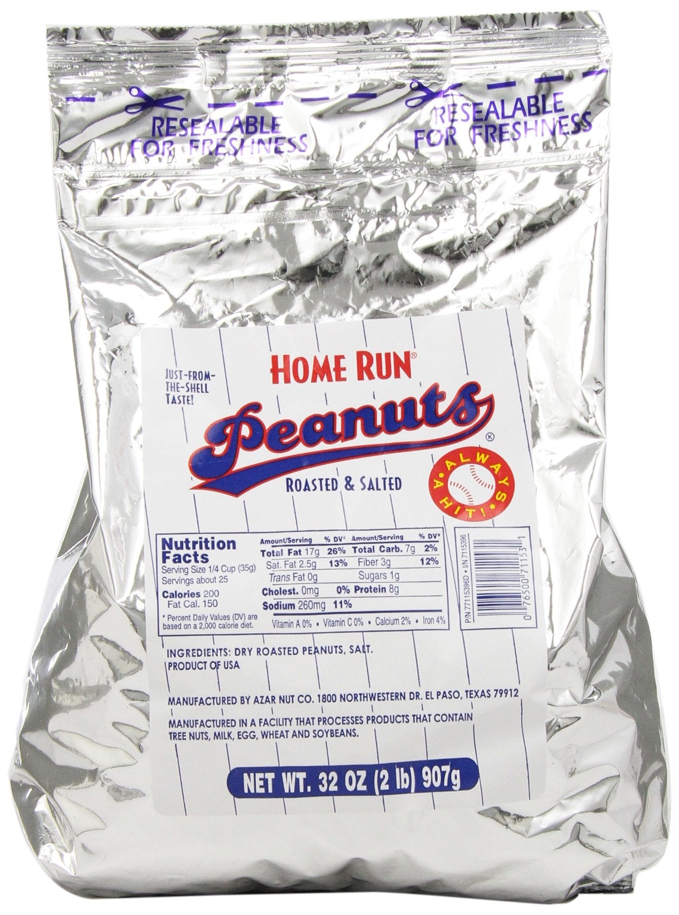 Azar Nut Company Peanuts, Blanched, Dry Roasted, Salted, 32-Ounce Resealable Bags (Pack of 3)