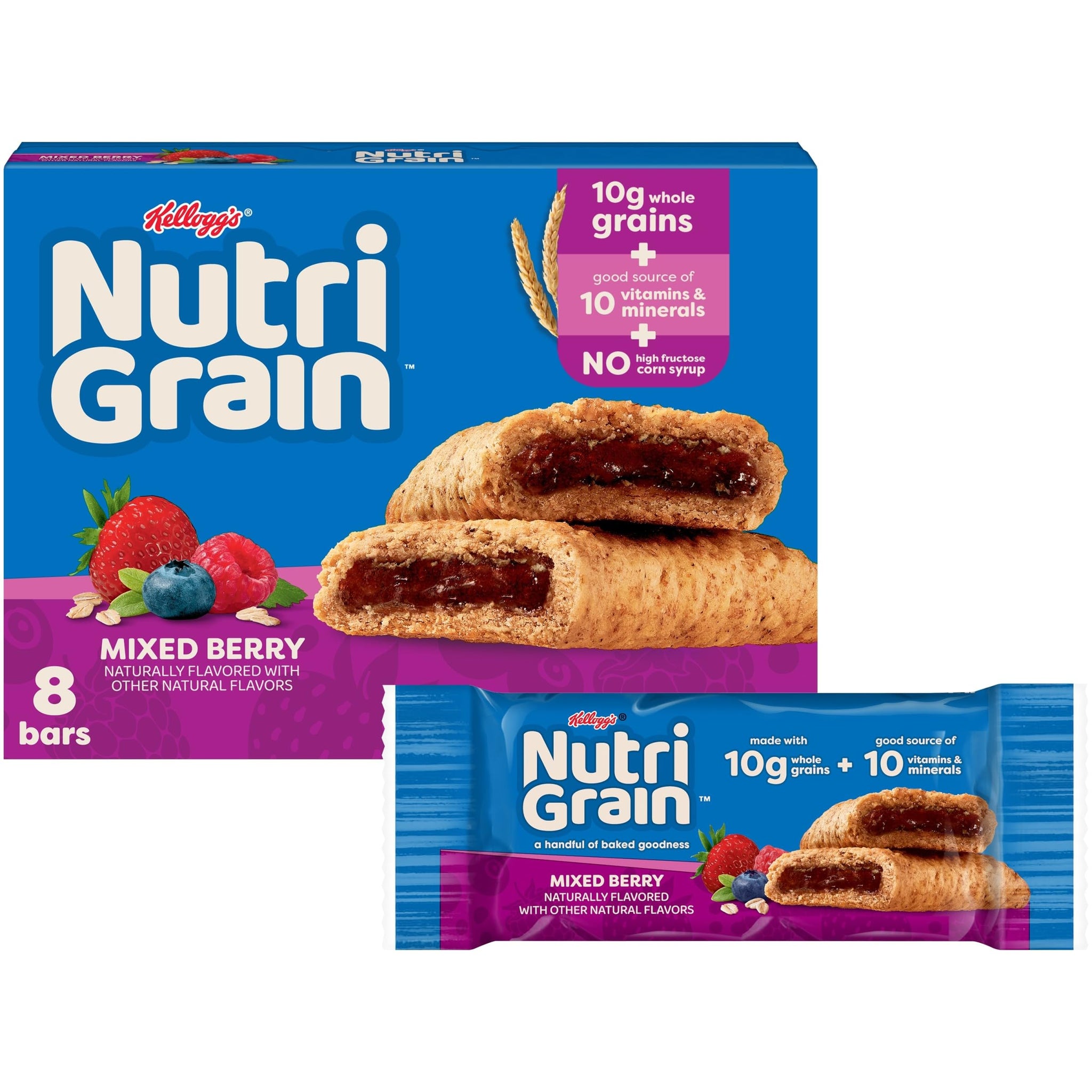 Nutri-Grain Breakfast Bars, Made with 10g Whole Grains, Snack Bars, Mixed Berry, 10.4oz Box (8 Count)