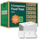 [Case - 500-Pack] 100% Compostable Paper Plates with 5 Compartments Disposable - School Lunch Tray Natural White - Heavy Duty Quality Disposable Tray